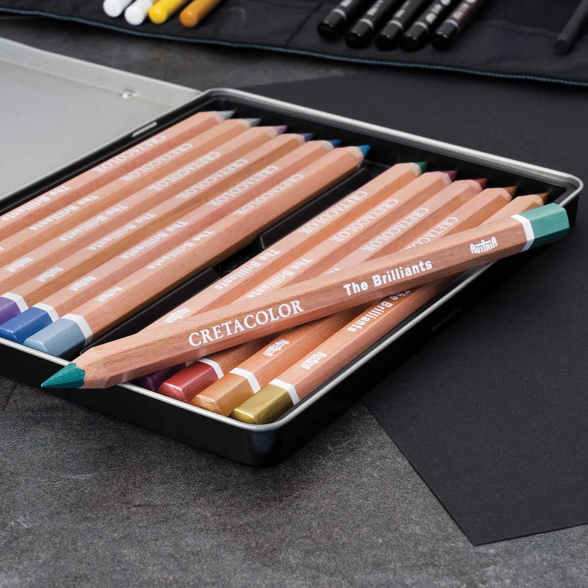 Cretacolor The Brilliants Metallic Drawing Set, close-up of the a pencil on the tin case