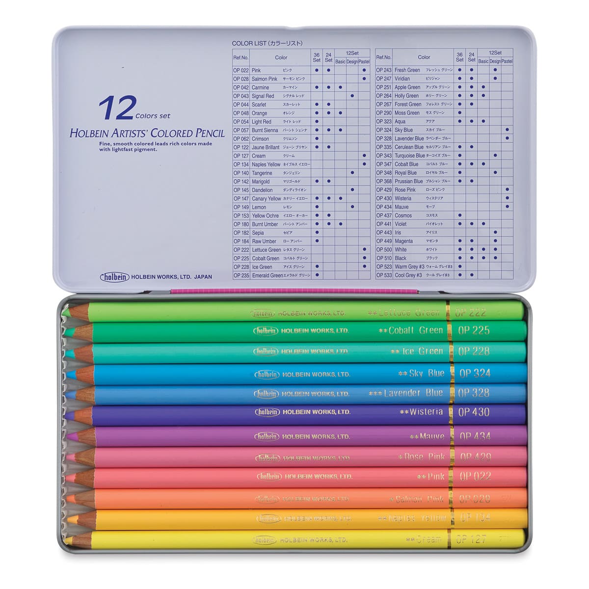 Holbein Artists' Colored Pencils - Pastel Tones, Set of 12, Tin Box (package open)