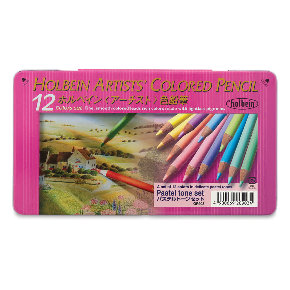 Holbein Artists' Colored Pencils - Pastel Tones, Set of 12, Tin Box (front of package)
