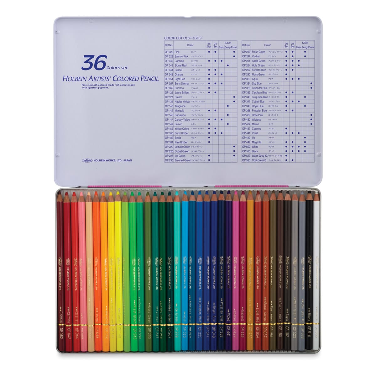 Holbein Artists' Colored Pencils - Assorted Tones, Set of 36, Tin Box (package open)