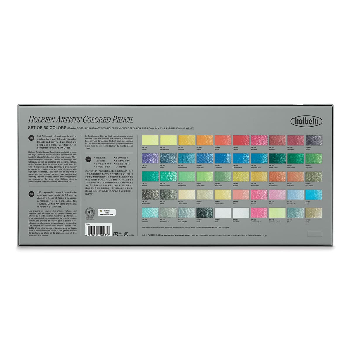 Holbein Artists' Colored Pencils - Basic Tones, Set of 50, Cardboard Box (back of package)