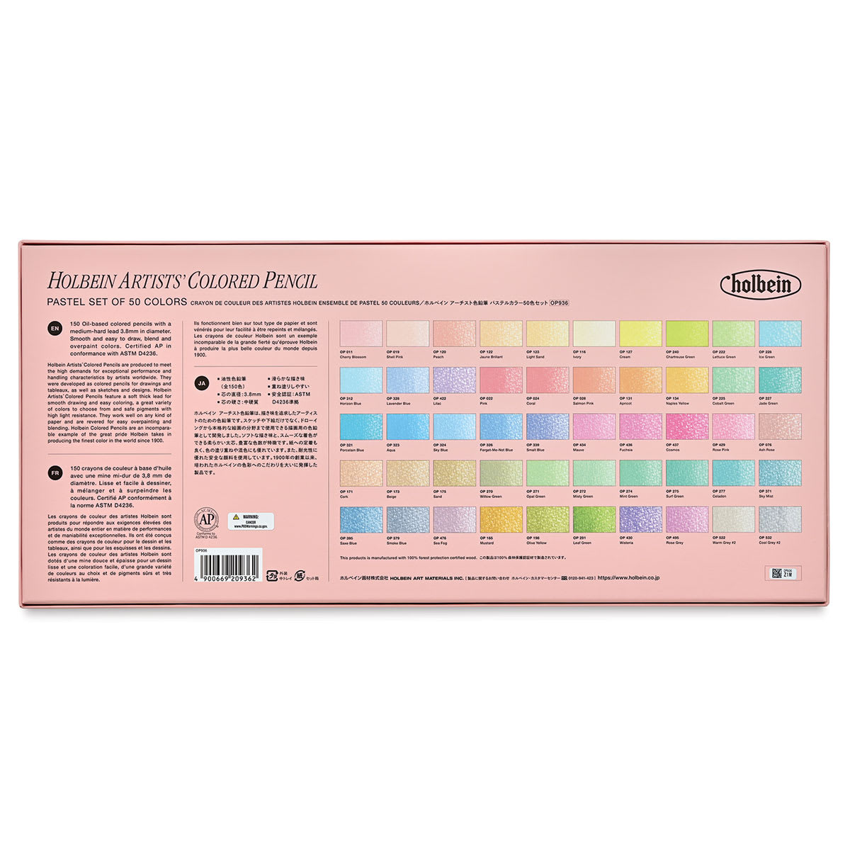 Holbein Artists' Colored Pencils - Pastel Tones, Set of 50, Cardboard Box (back of package)