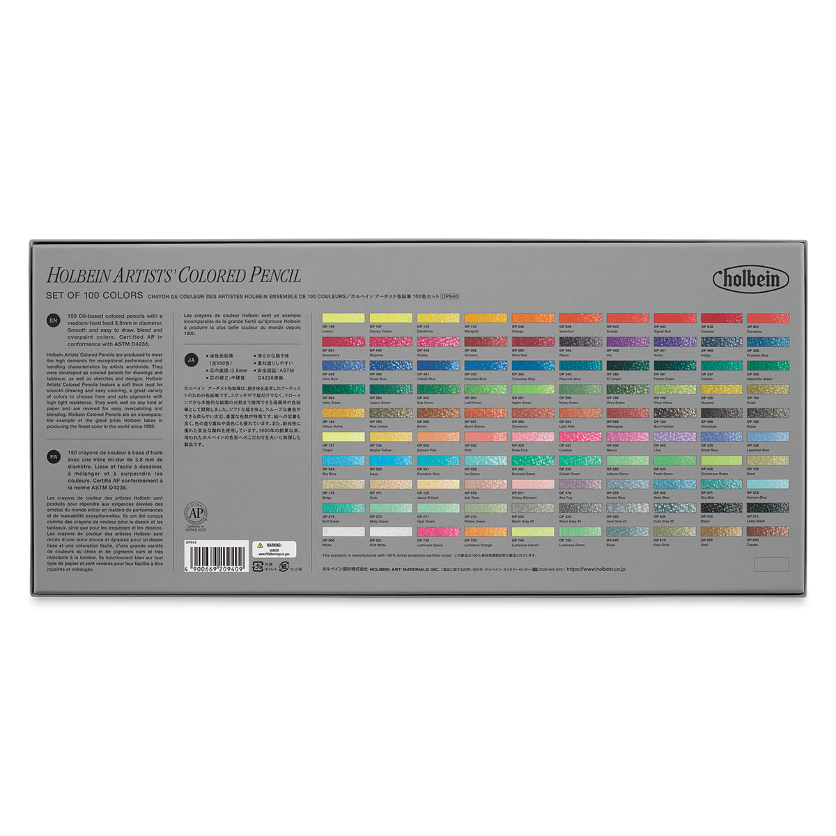 Holbein Artists' Colored Pencils - Assorted Tones, Set of 100, Cardboard Box (back of package)