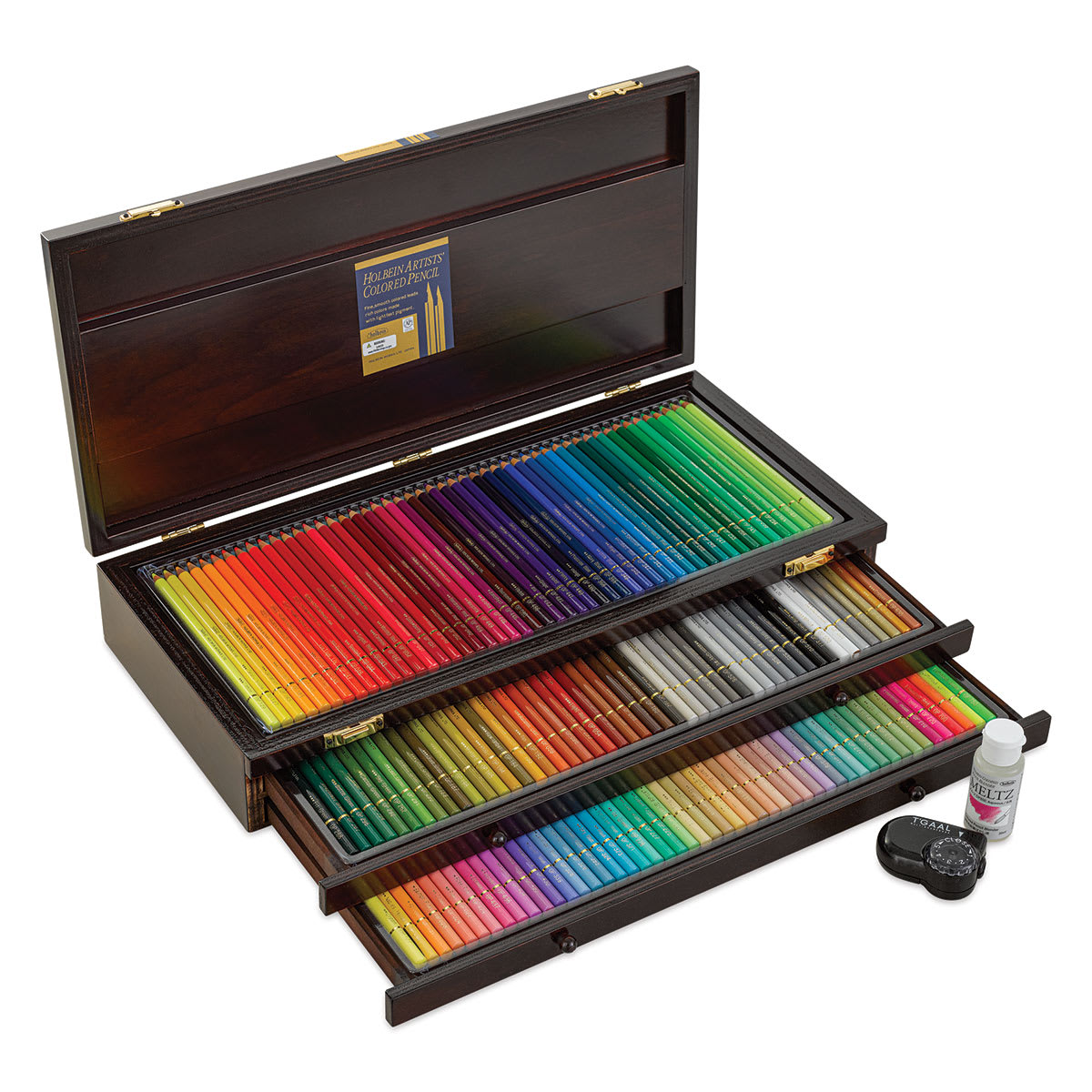 Set of 150, Wood Box open with blending fluid and sharpener