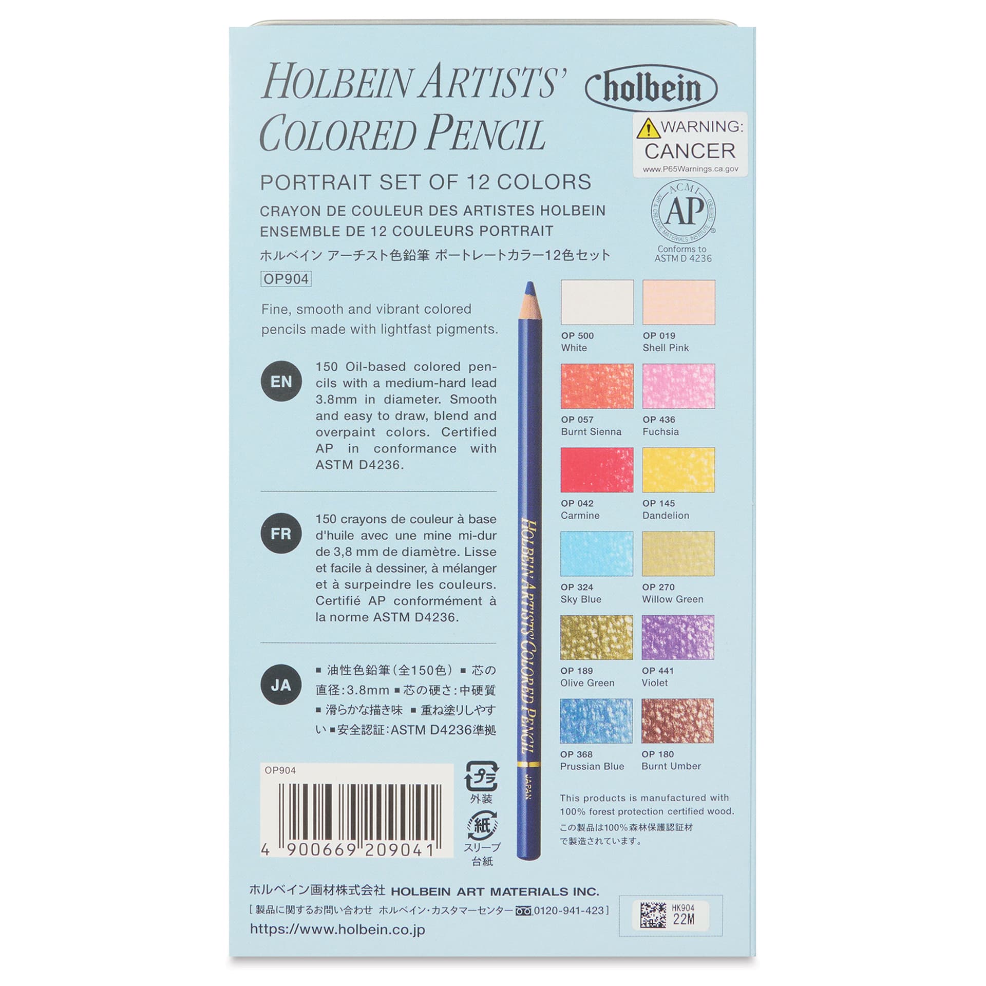 Holbein Artists' Colored Pencils - Portrait Tones, Set of 12, Tin Box, back of the packaging