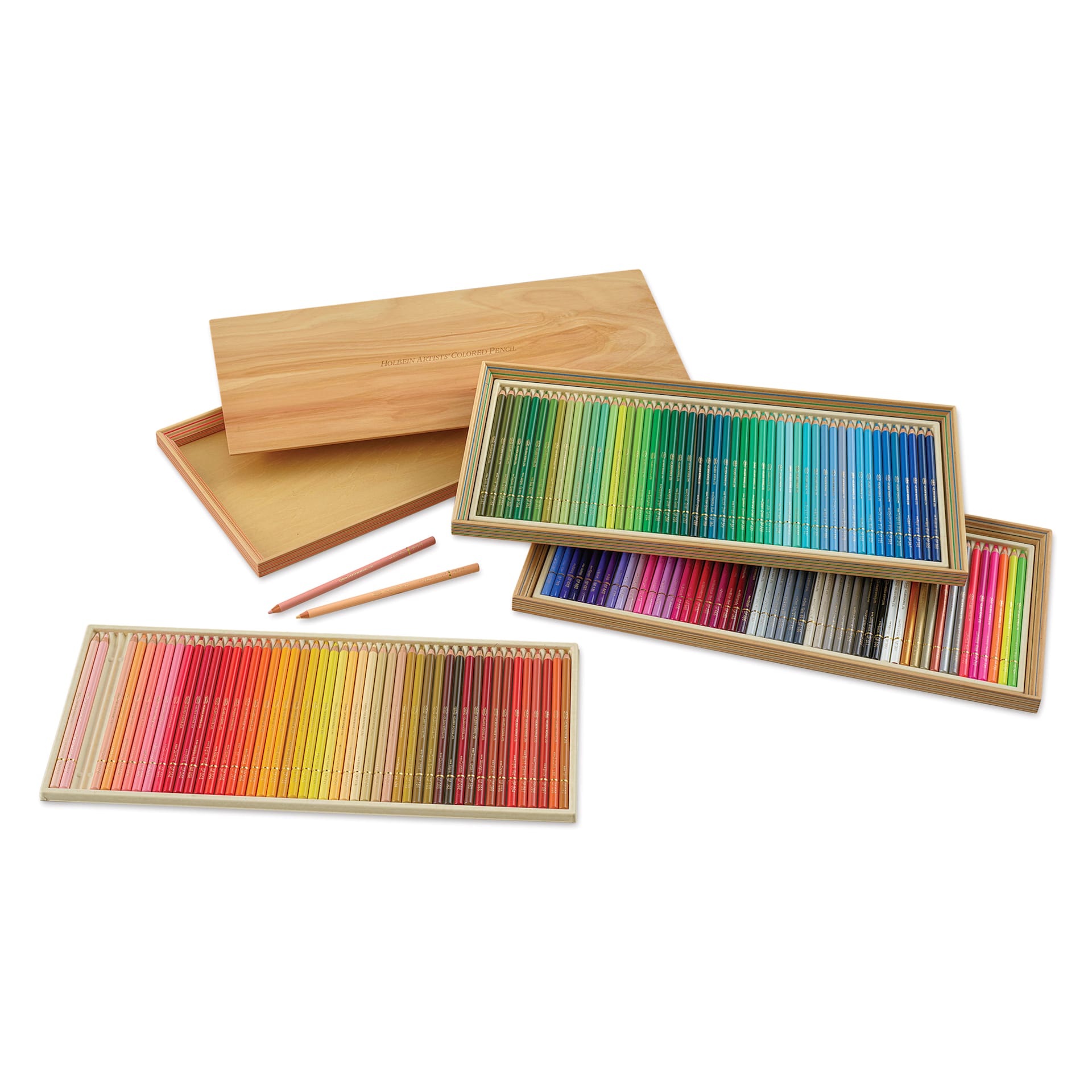Holbein Artists’ Colored Pencil 30th Anniversary Wood Box Set, trays laid out