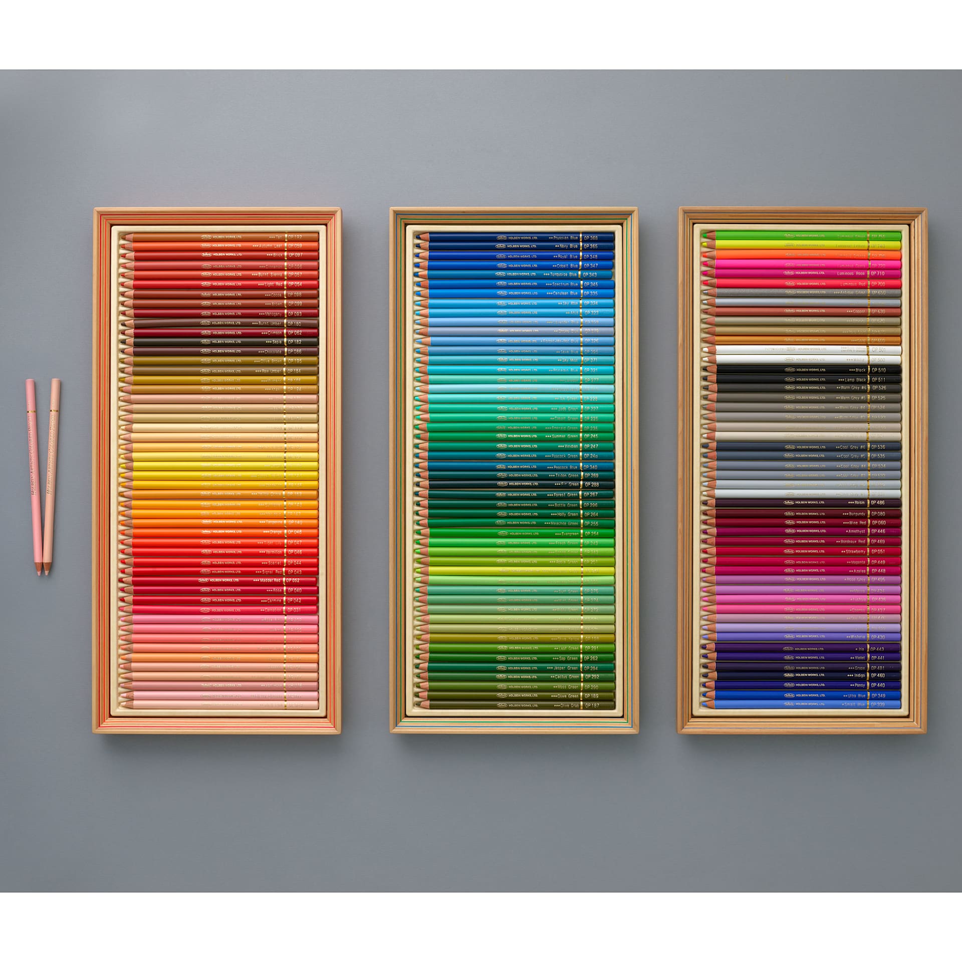 Holbein Artists’ Colored Pencil 30th Anniversary Wood Box Set - Set of 150, trays laid next to each other