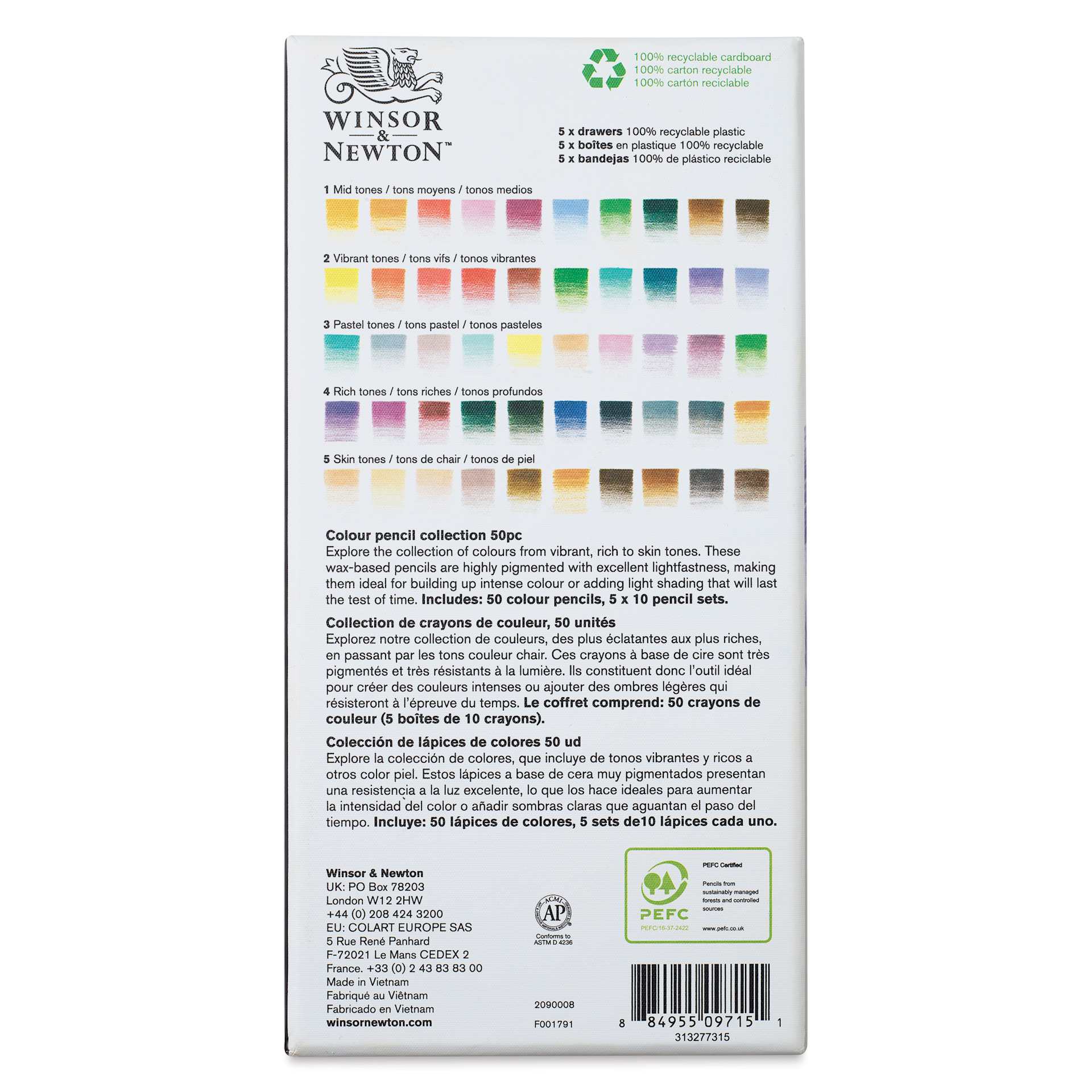 Winsor & Newton Studio Collection Colored Pencils - Set of 50, back of the packaging
