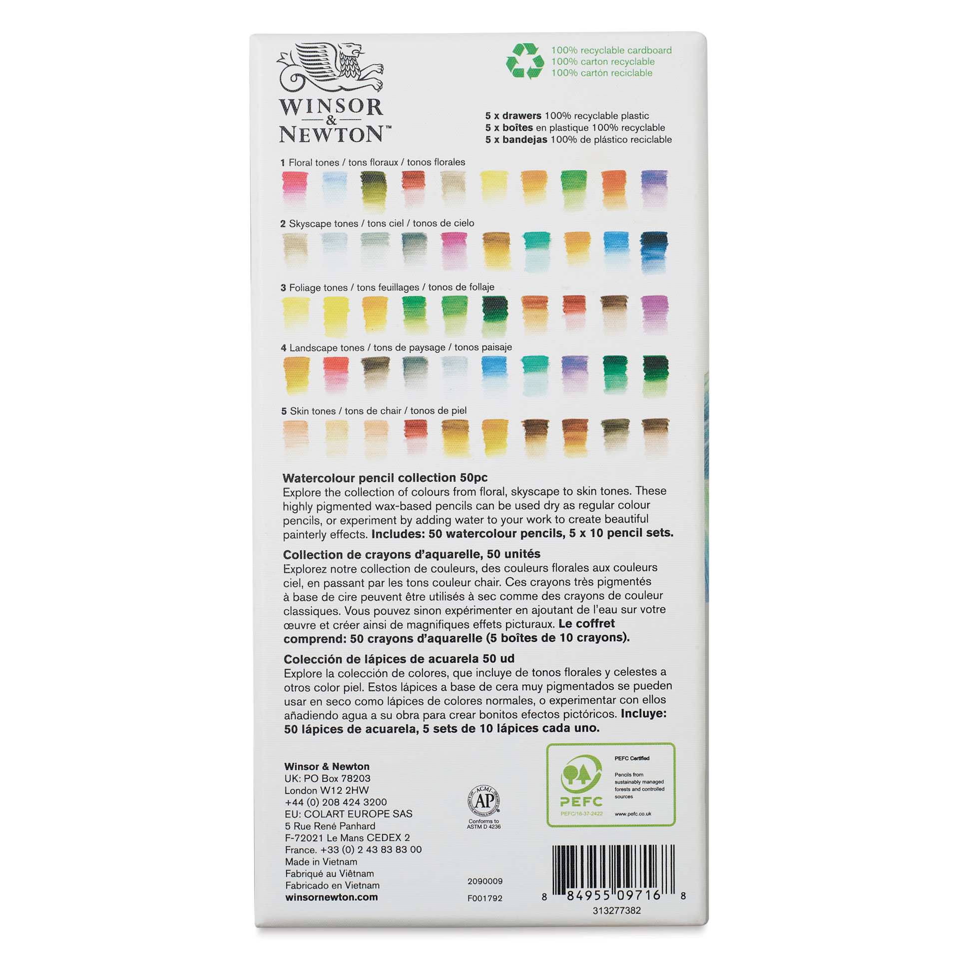 Winsor & Newton Studio Collection Watercolor Pencils - Set of 50, back of the packaging