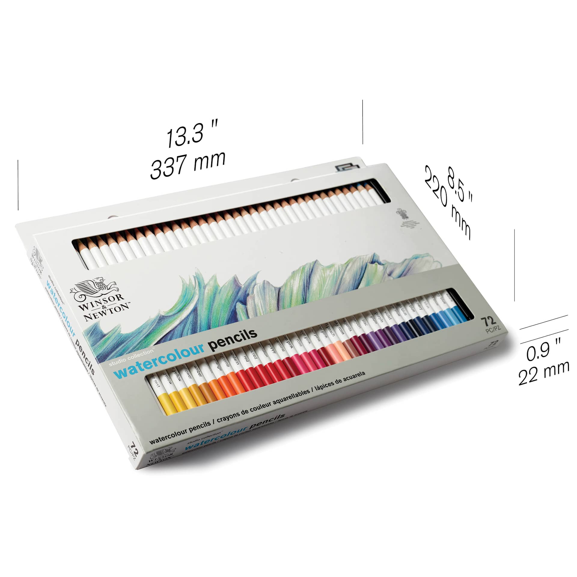 Winsor & Newton Studio Collection Watercolor Pencils - Set of 72, dimensions of the packaging
