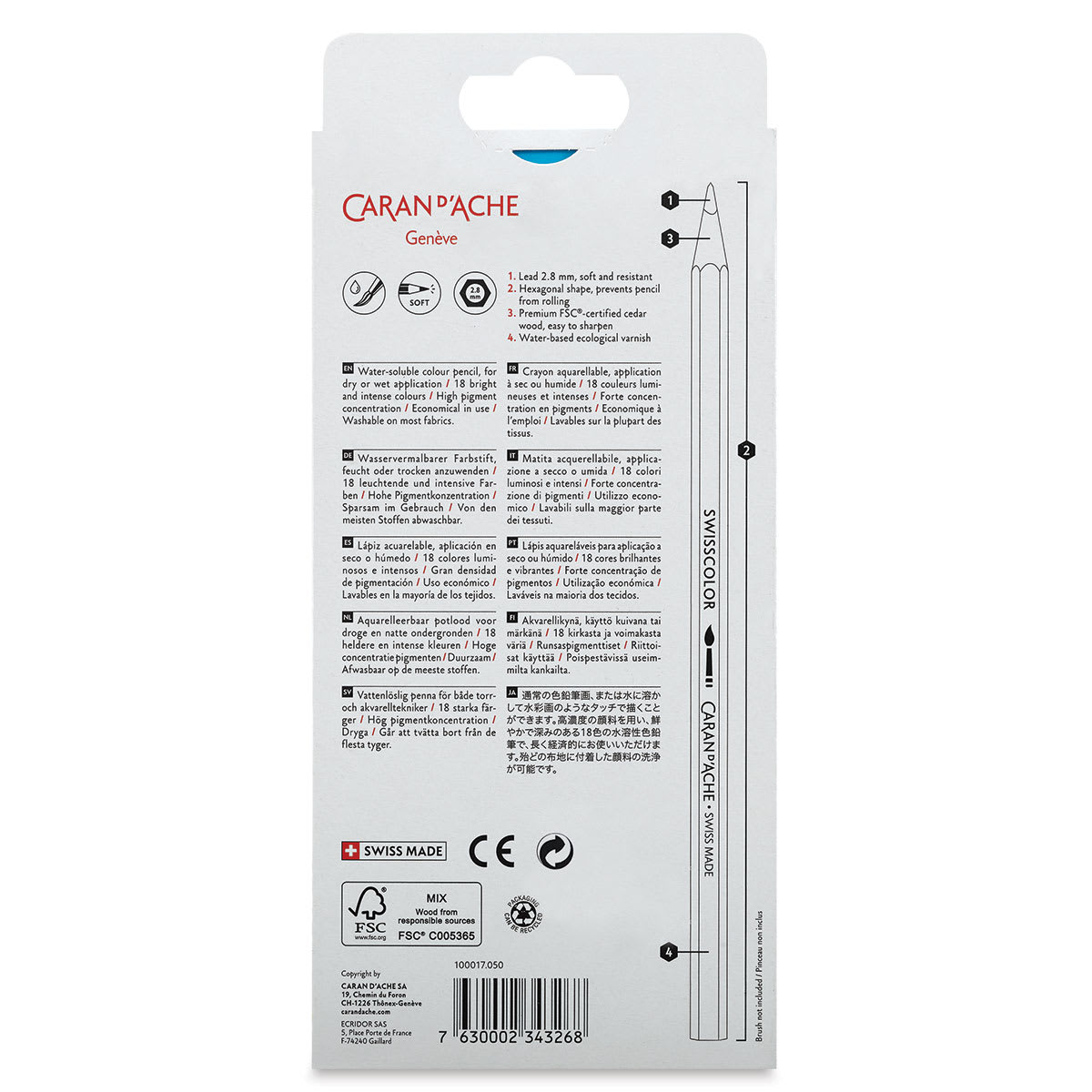 Caran d'Ache Swisscolor Water-Soluble Colored Pencils - Set of 12 (back of box)