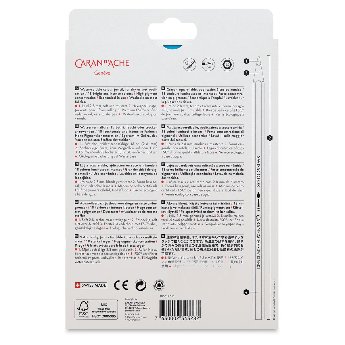 Caran d'Ache Swisscolor Water-Soluble Colored Pencils - Set of 18 (back of box)