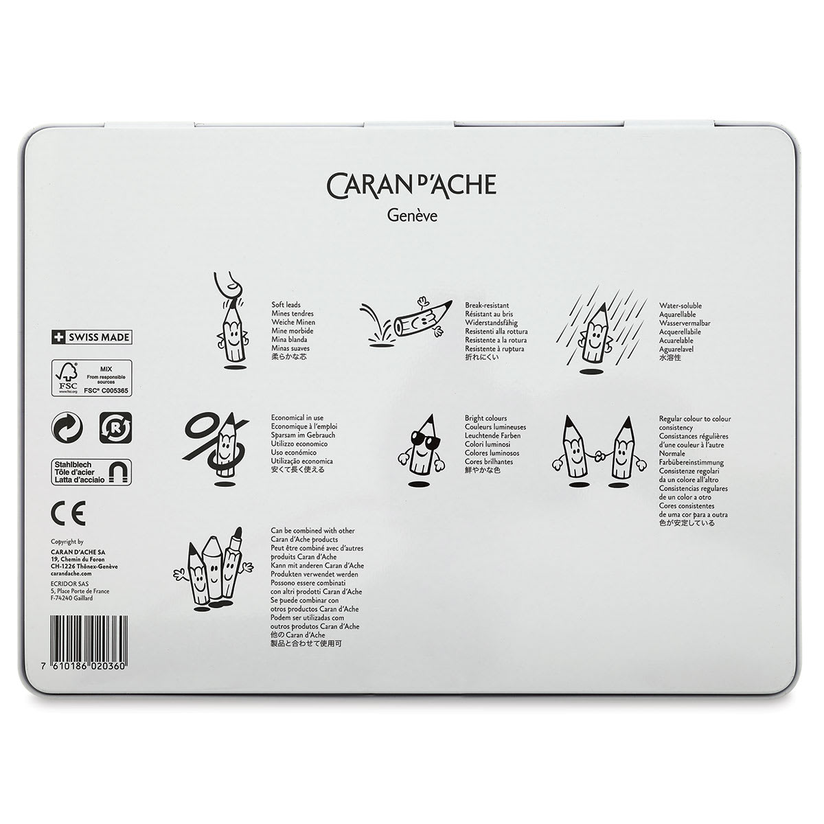 Caran d'Ache Swisscolor Water-Soluble Colored Pencils - Set of 30 (back of tin)