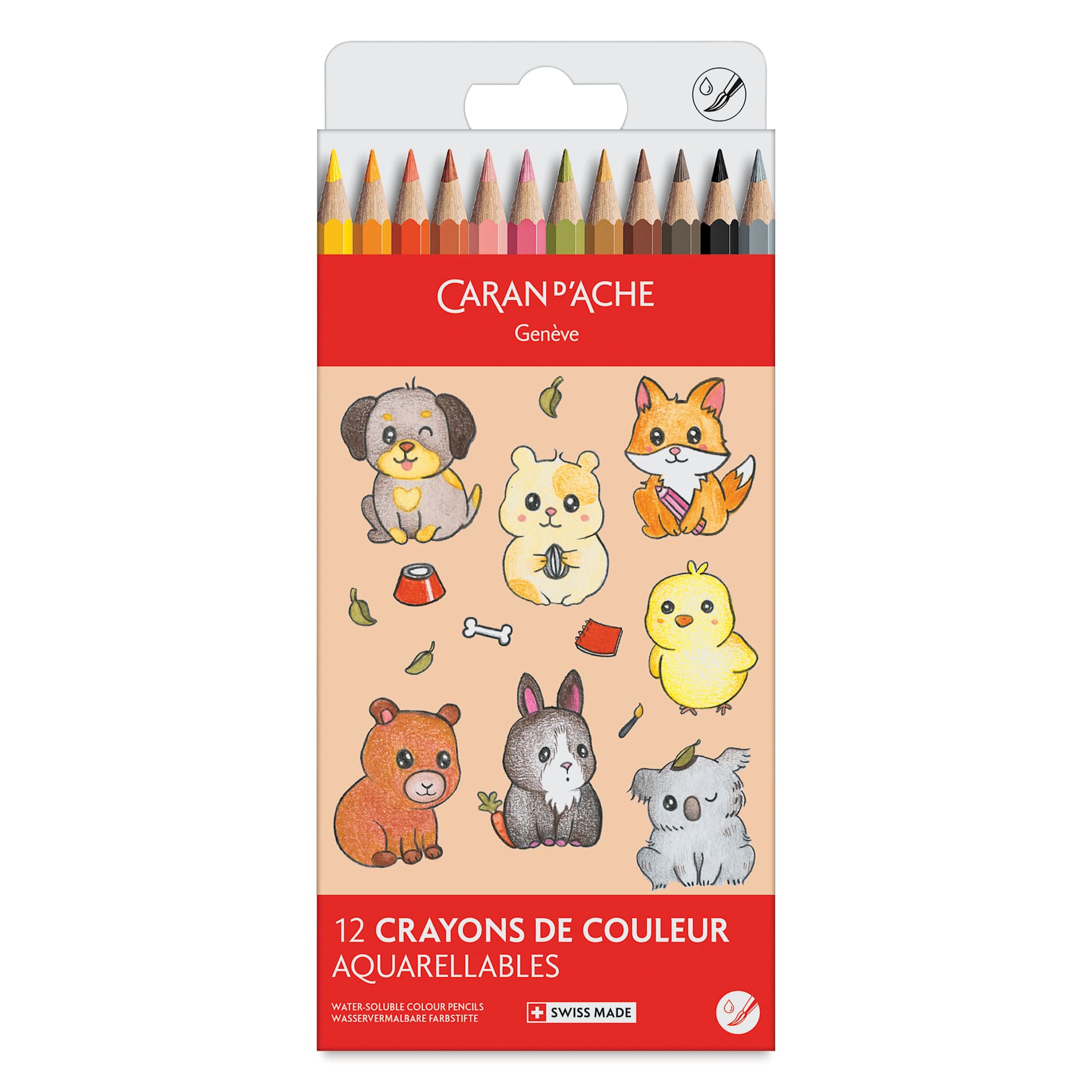 Caran d'Ache Swisscolor Aquarelle Colored Pencils - Set of 12, Kawaii Cute Animals, front of packaging