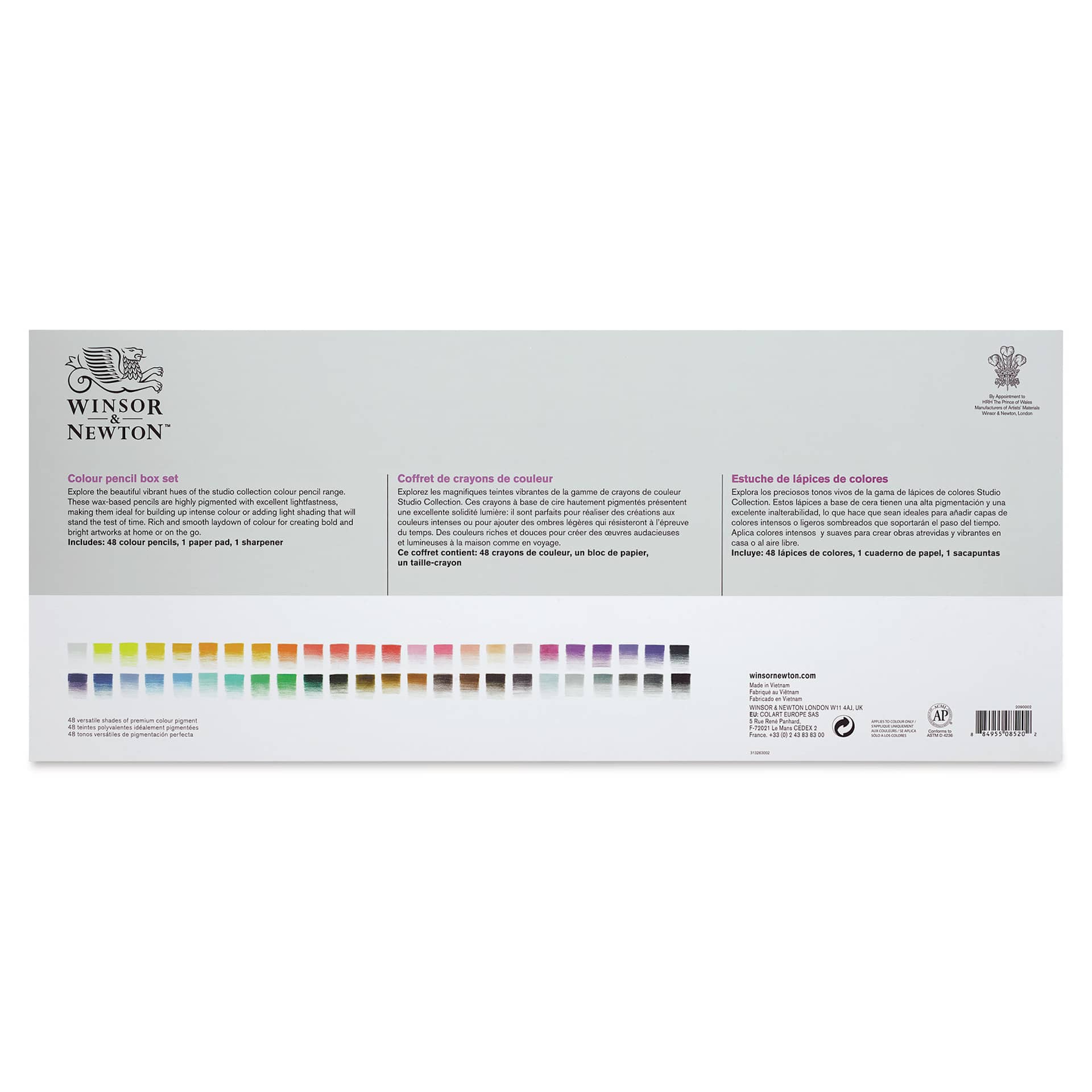 Winsor & Newton Studio Collection Colored Pencils - Set of 48, with Paper Pad and Sharpener, back of packaging