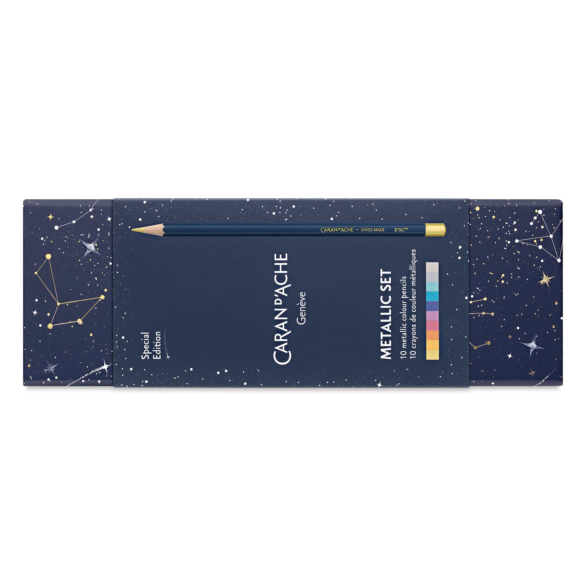 Caran d'Ache Cosmic Blue Metallic Color Pencils - Assorted Colors, Set of 10, bow with label