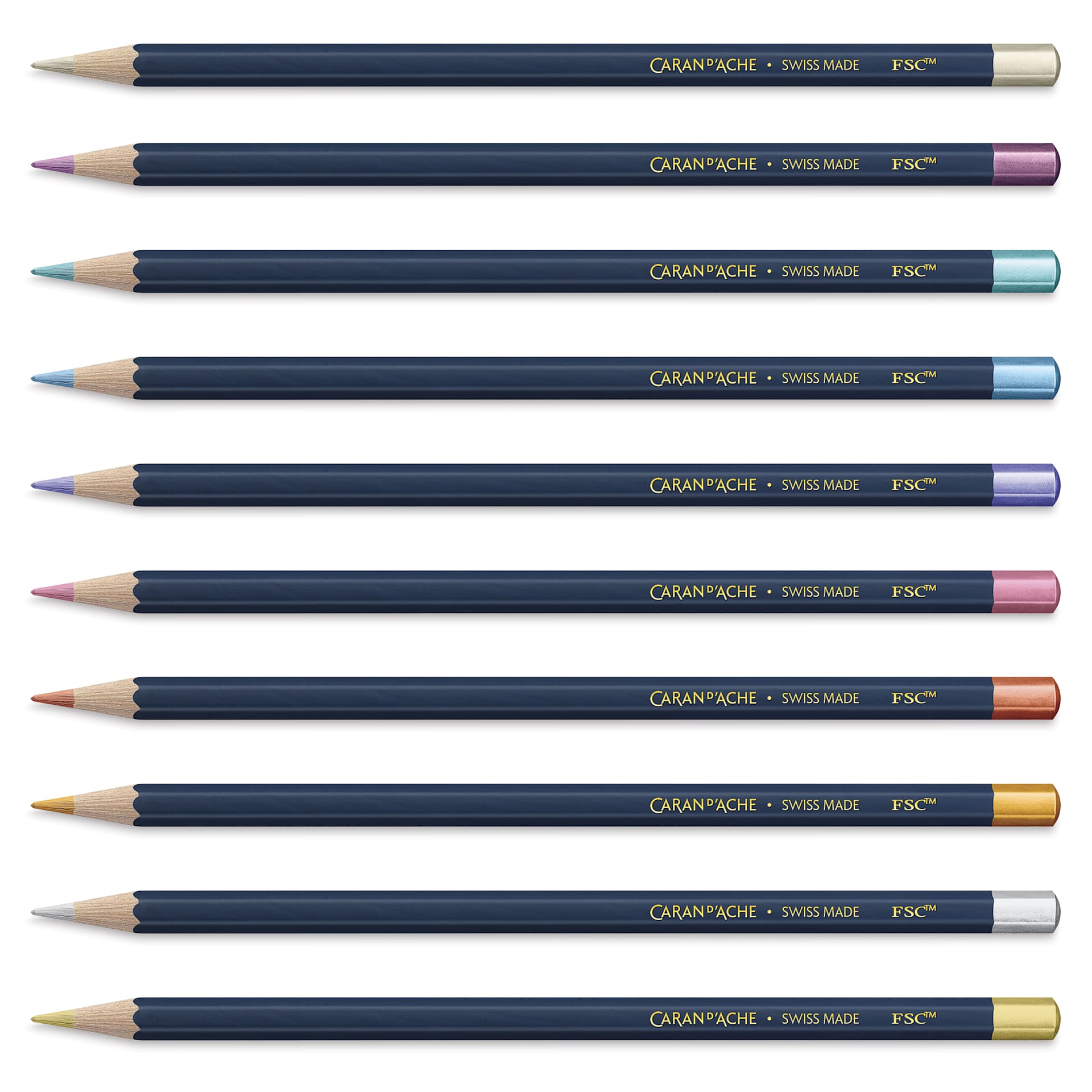 Caran d'Ache Cosmic Blue Metallic Color Pencils - Assorted Colors, Set of 10, out of packaging