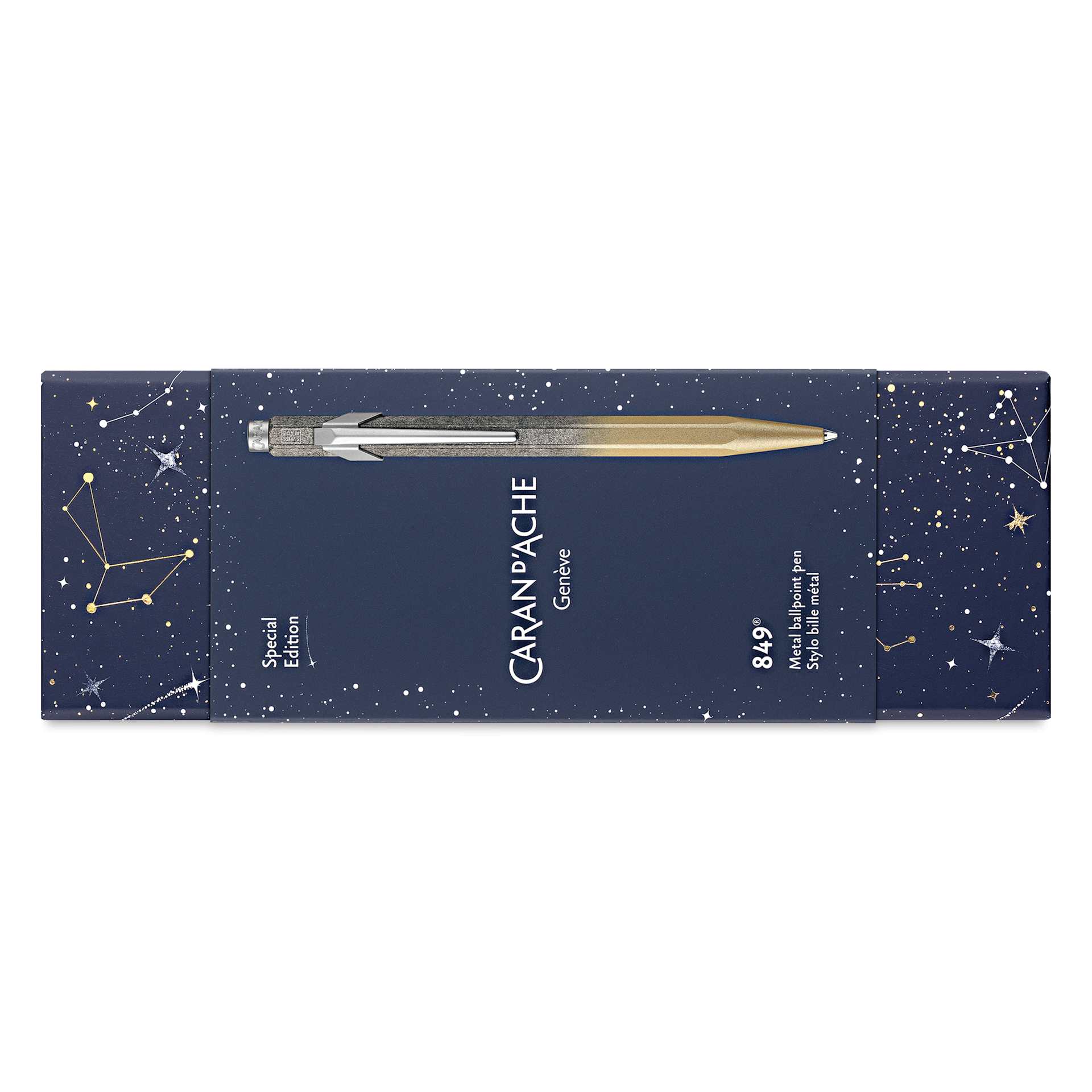 Caran d'Ache Cosmic Blue 849 Ballpoint Pens - Gold, box with label