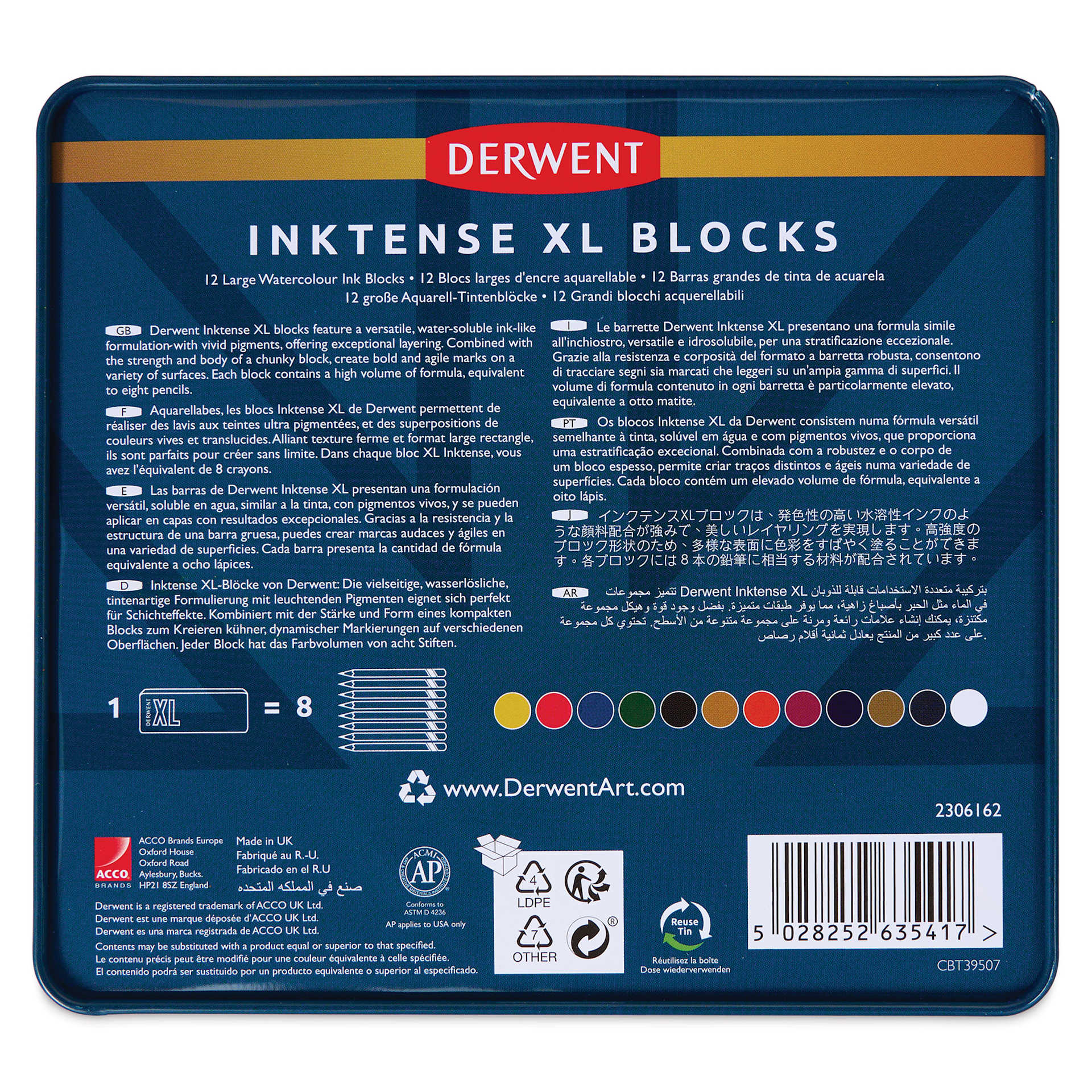 Derwent Inktense XL Blocks - Assorted, Set of 12, back of the packaging
