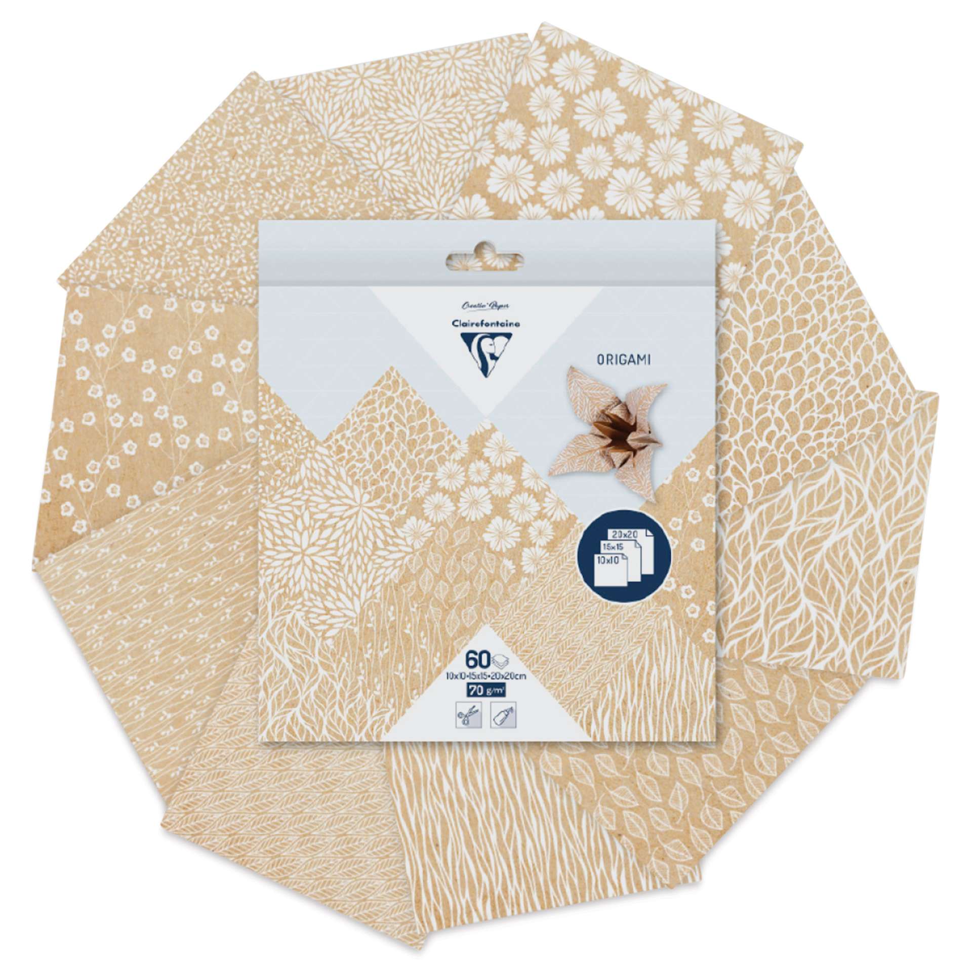 Clairefontaine Origami Paper - Kraft Floral, Assorted Sizes, Pkg of 60