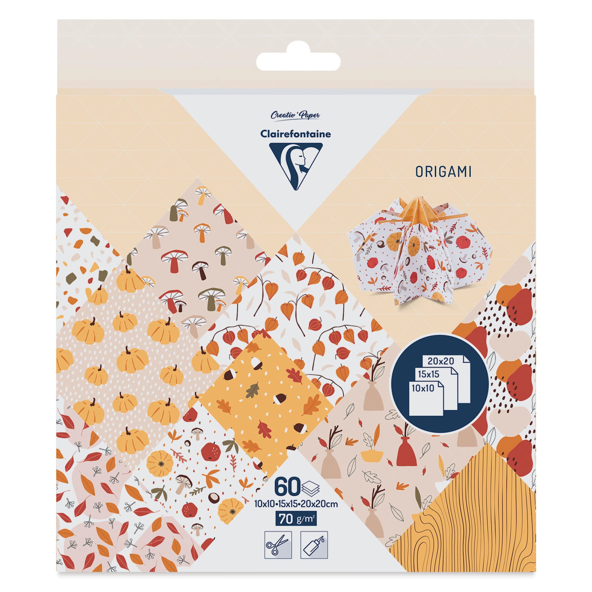 Clairefontaine Origami Paper - Fall, Assorted Sizes, Pkg of 60, packaging