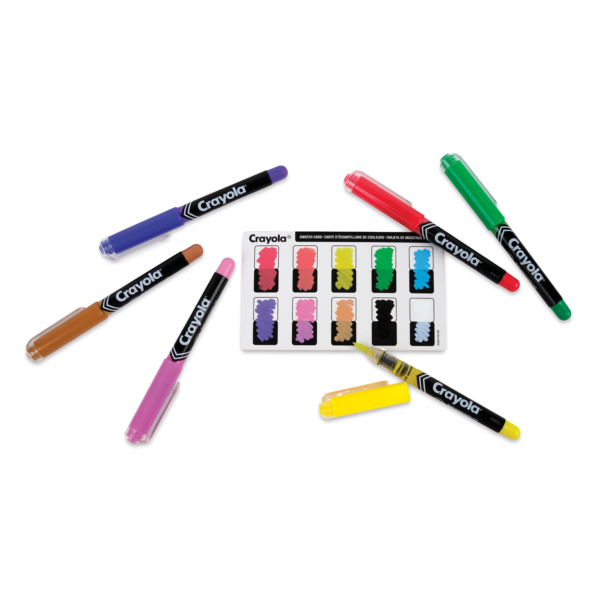 Crayola Acrylic Paint Markers - Set of 10, Assorted Colors, Brush Nib, completed swatch card with markers