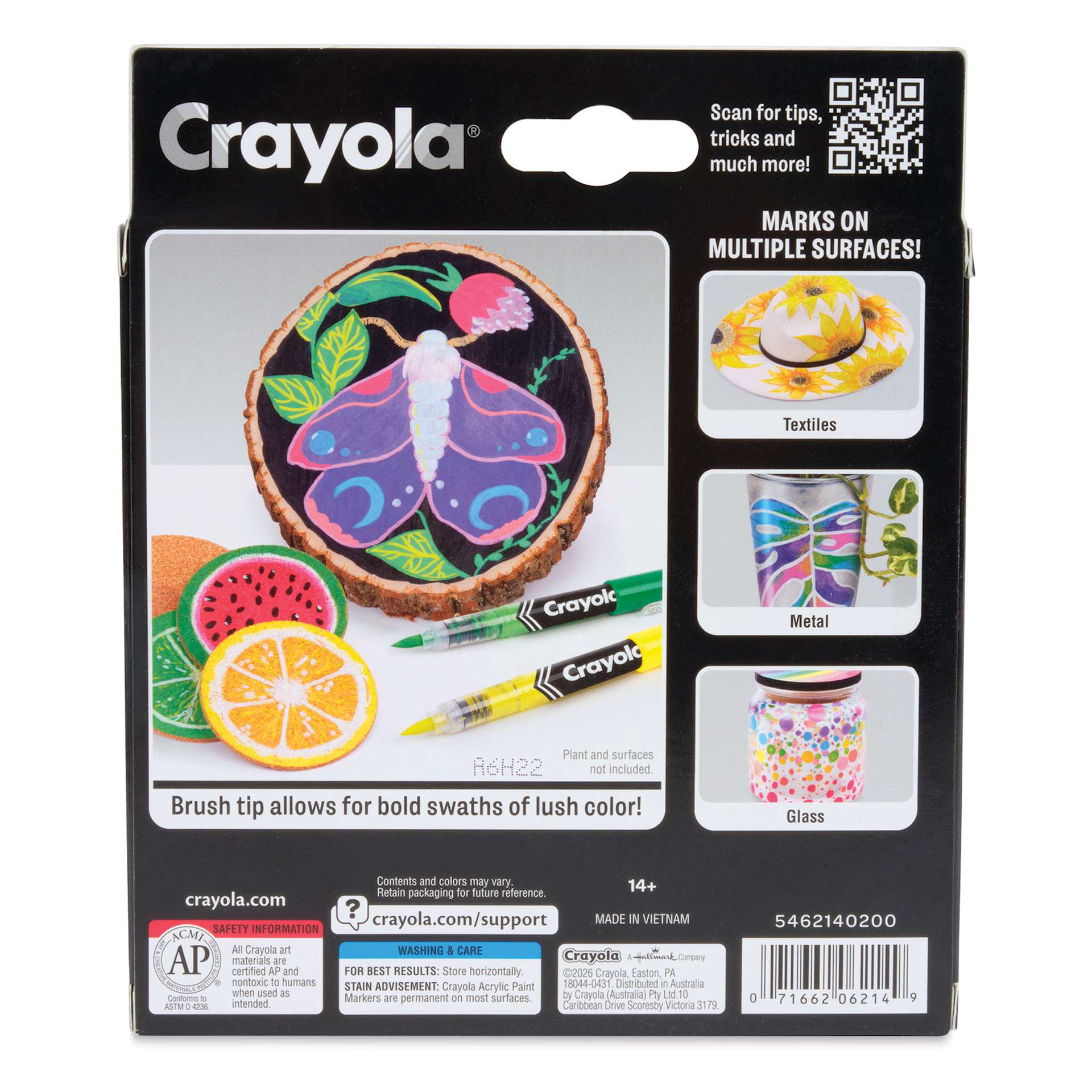 Crayola Acrylic Paint Markers - Set of 10, Assorted Colors, Brush Nib, back of packaging