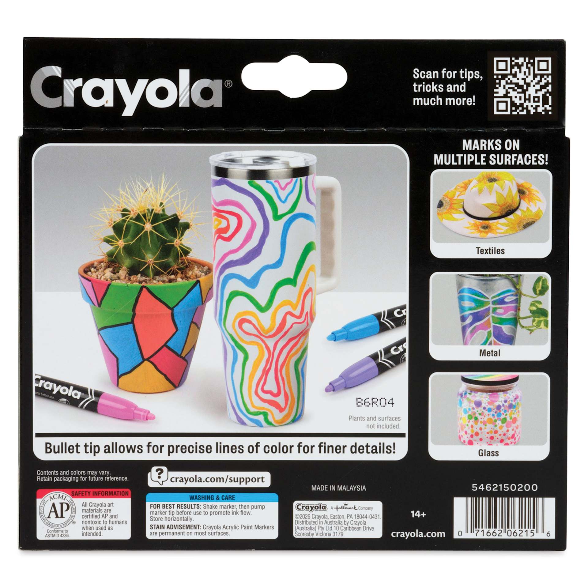 Crayola Acrylic Paint Markers - Set of 10, Assorted Colors, Bullet Nib, back of packaging