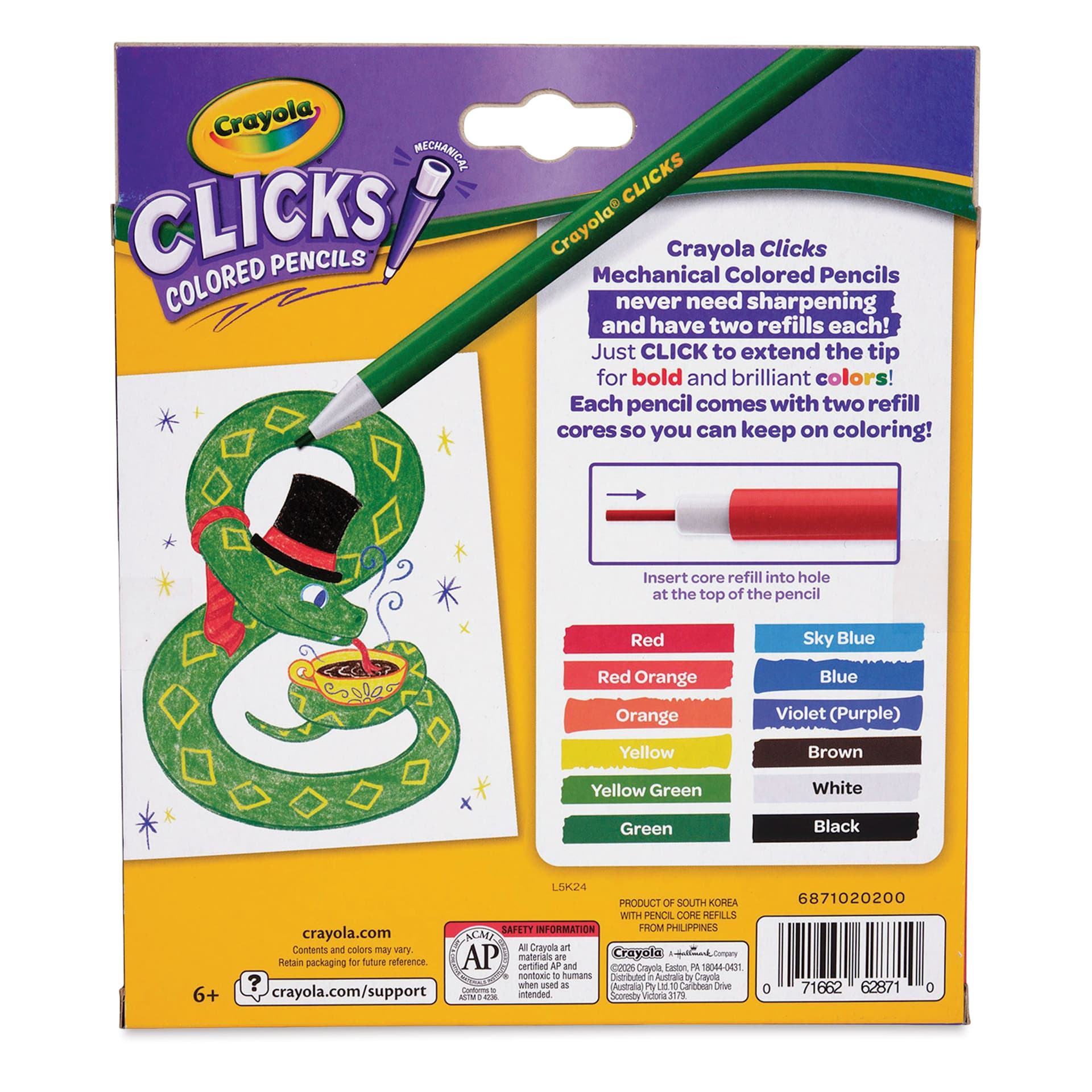 Crayola Clicks Retractable Color Pencils - Set of 12, Assorted Colors, back of packaging