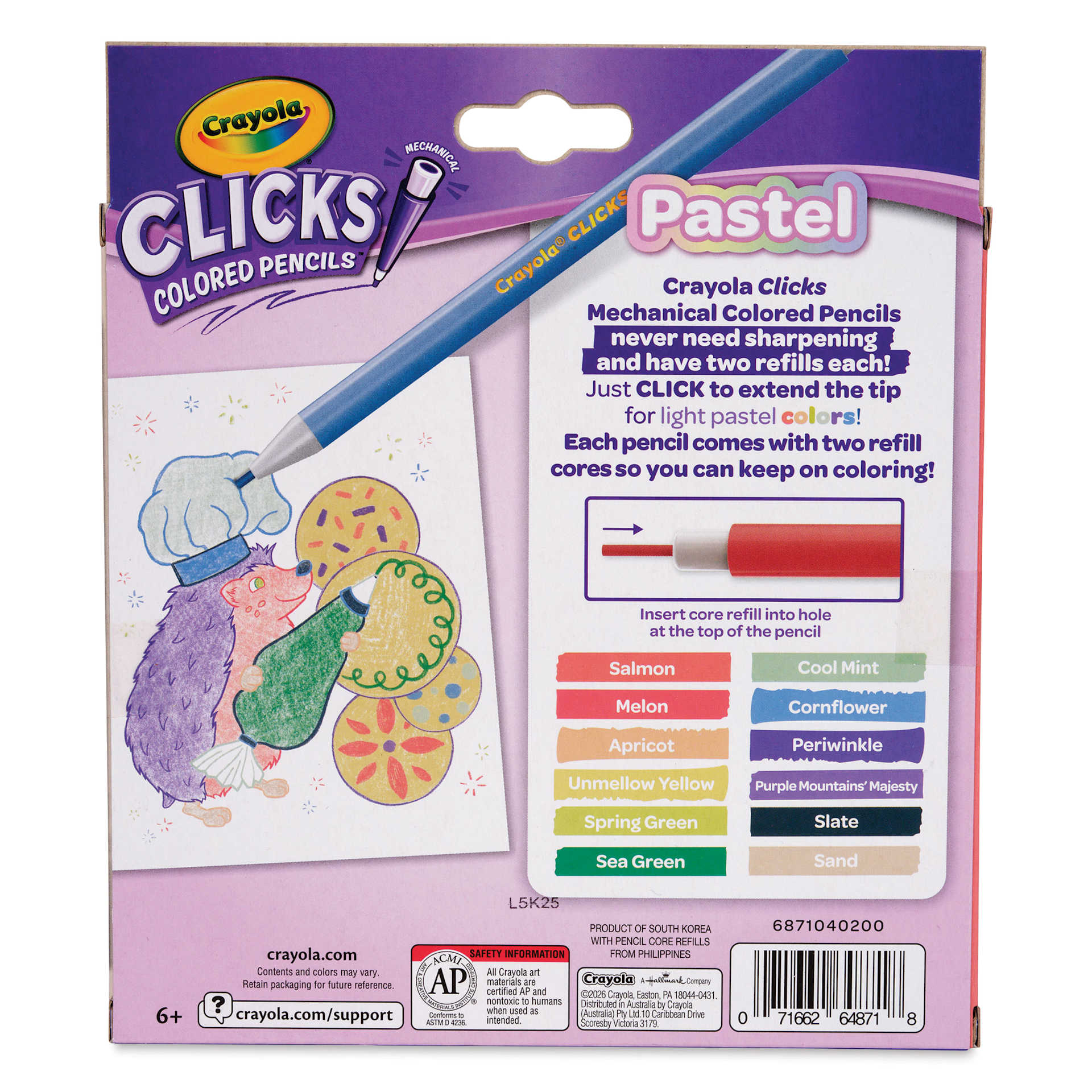 Crayola Clicks Retractable Color Pencils - Set of 12, Pastel Colors, back of packaging