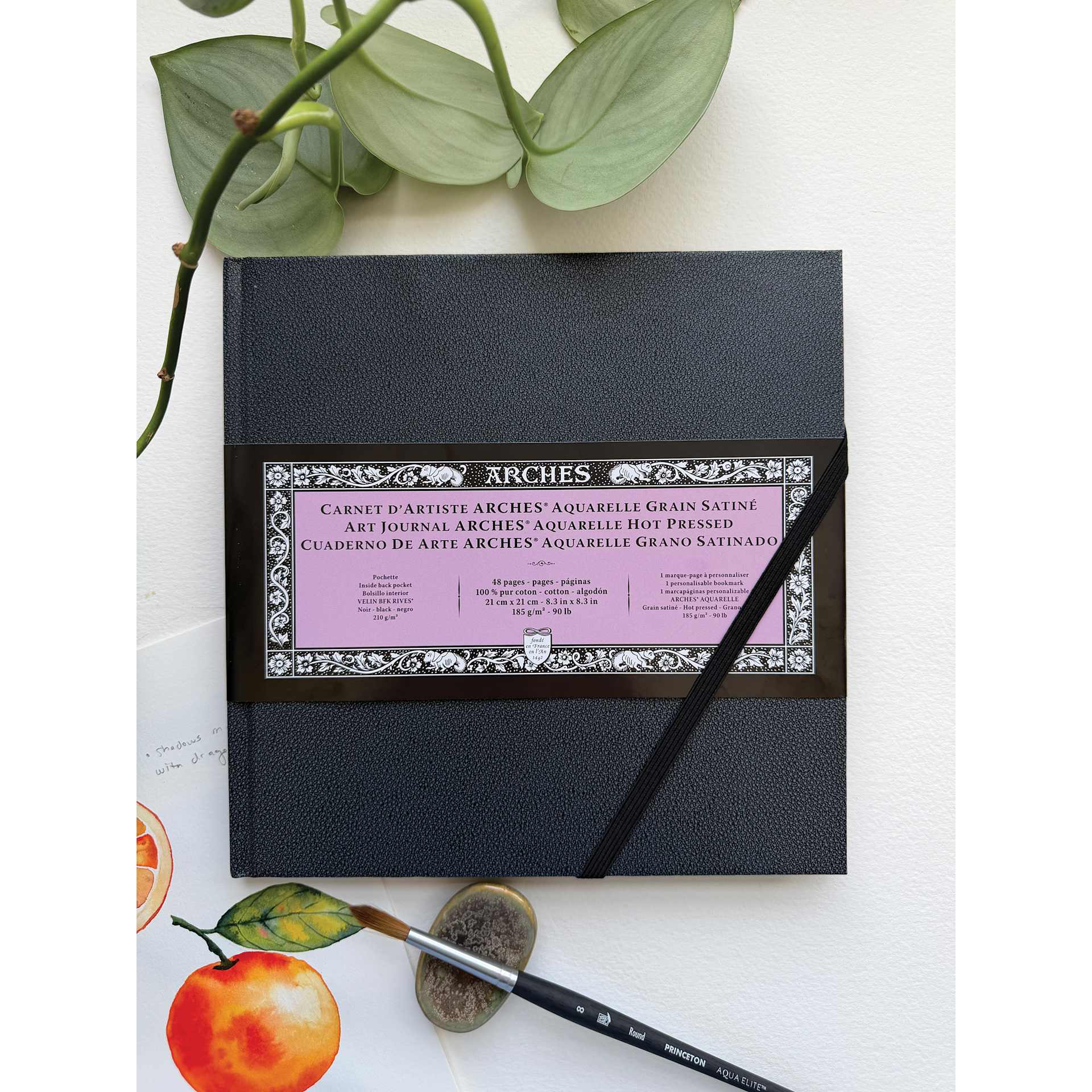 Arches Hardbound Watercolor Art Journal - 8.3" x 8.3", Hot Press, on table with fruit artwork