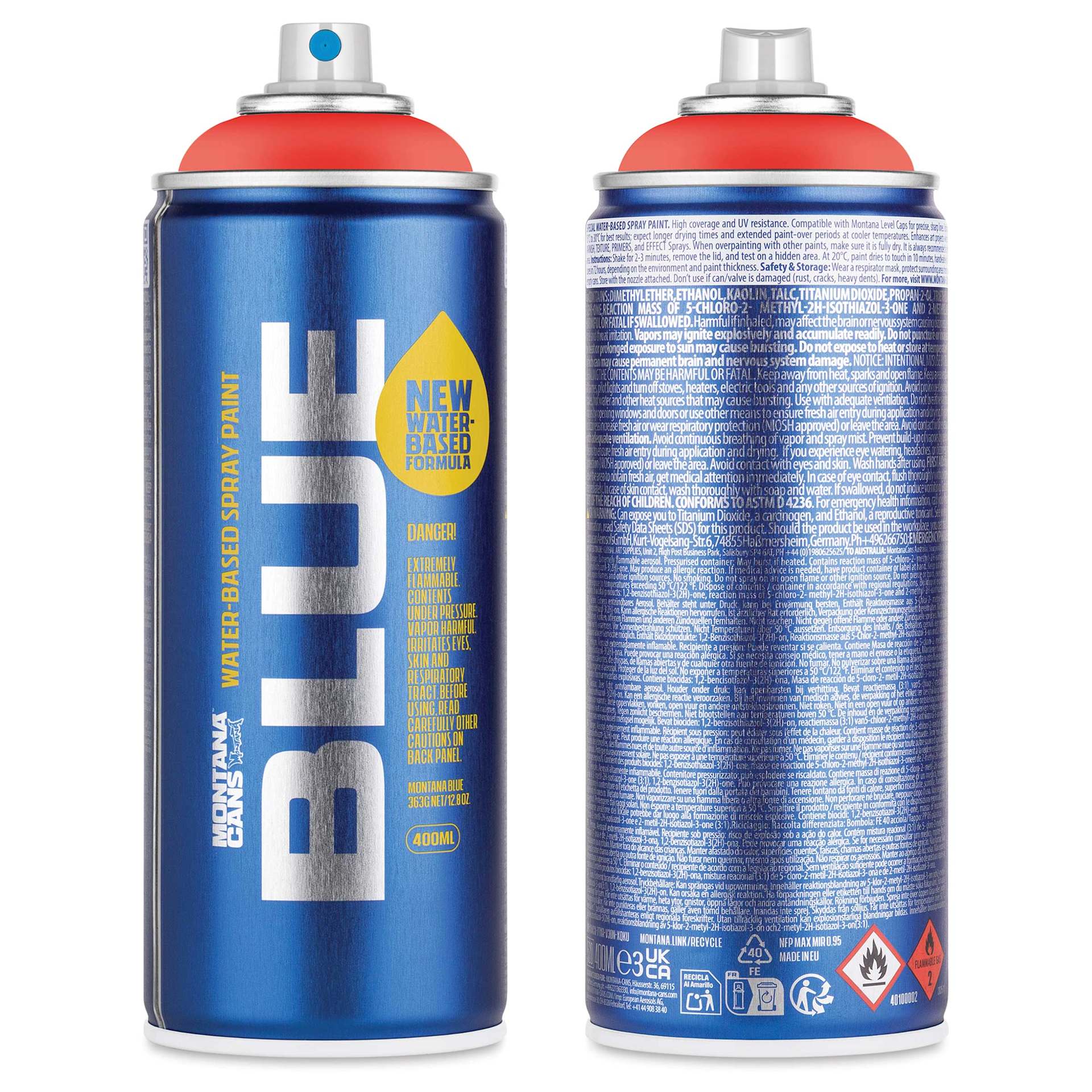 Montana Blue Water-Based Spray Paint - Slushy, 400 ml, front and back of can