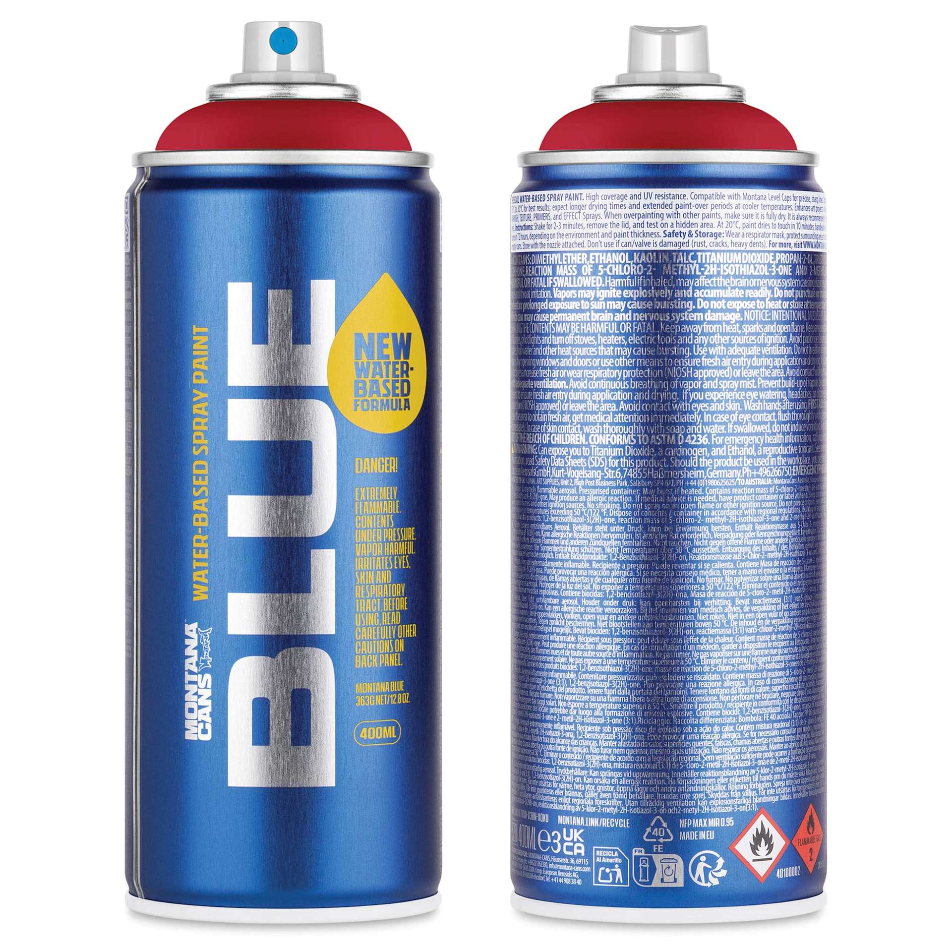 Montana Blue Water-Based Spray Paint - Salsa, 400 ml, front and back of can