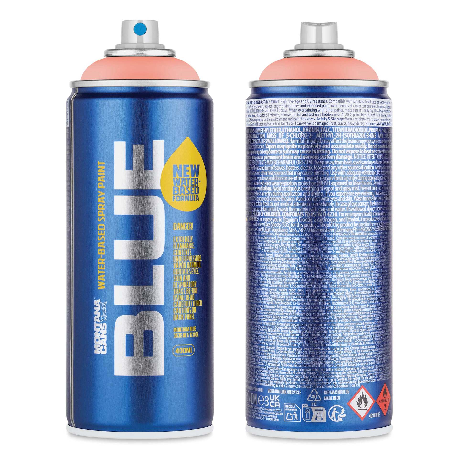 Montana Blue Water-Based Spray Paint - Soft Bloom, 400 ml, front and back of can