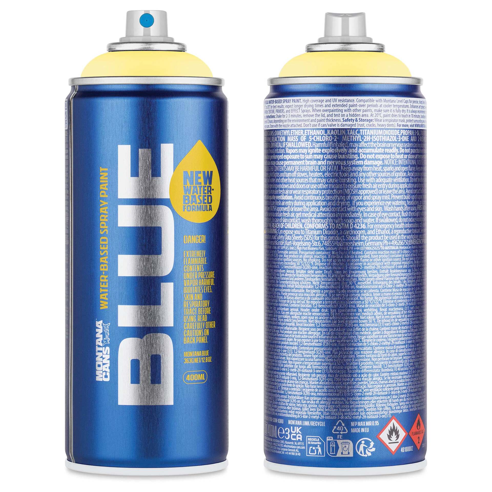 Montana Blue Water-Based Spray Paint - Sorbet, 400 ml front and back of can