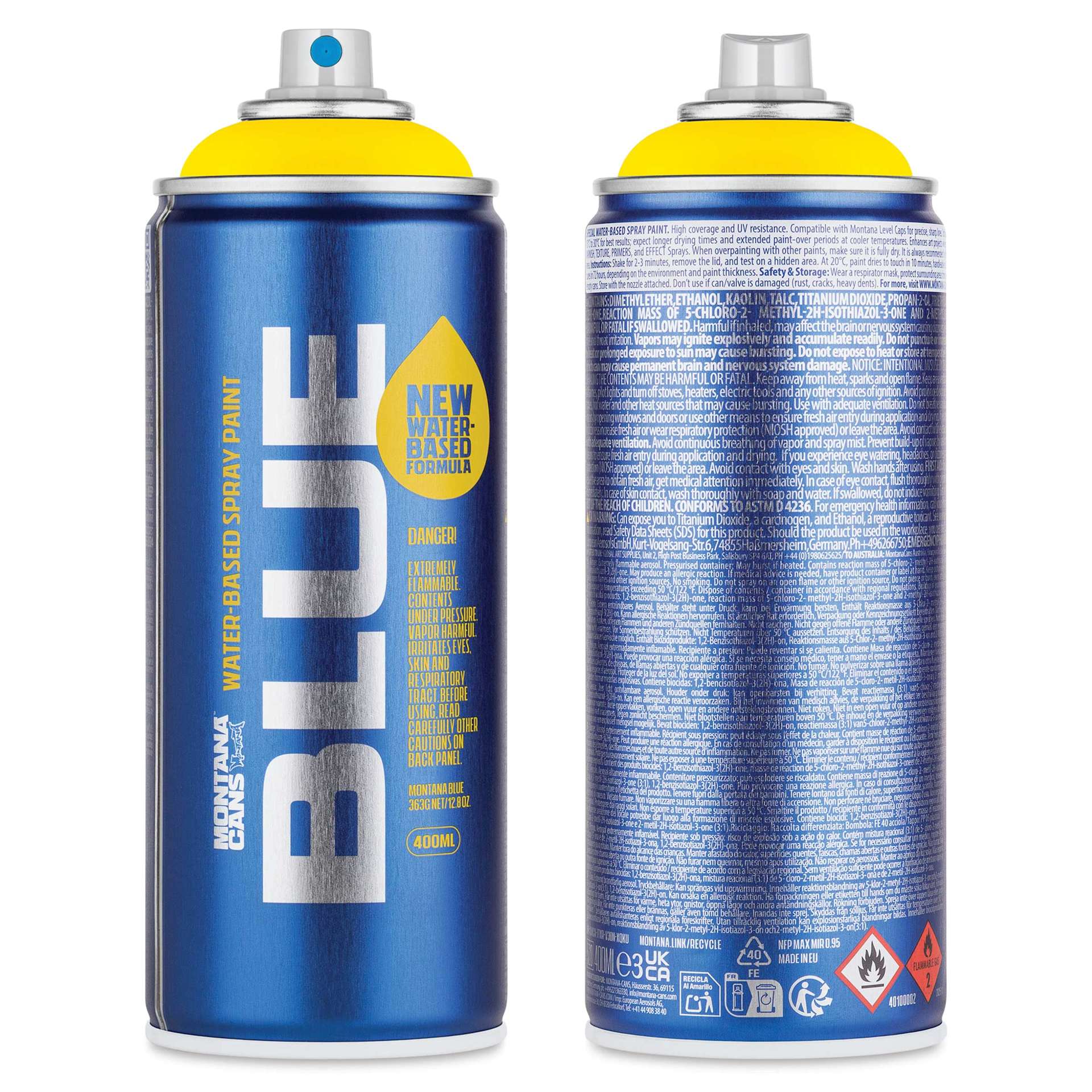 Montana Blue Water-Based Spray Paint - Stuart Yellow, 400 ml, front and back of can