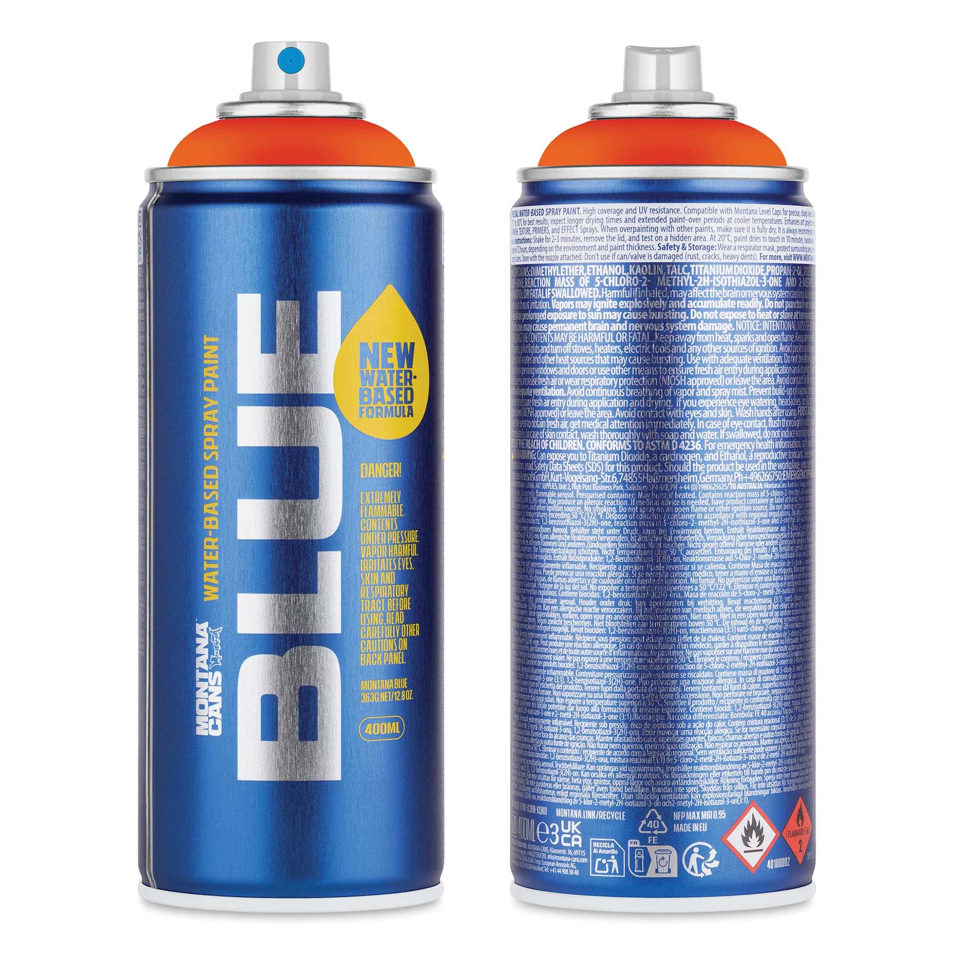 Montana Blue Water-Based Spray Paint - Pure Orange, 400 ml, front and back of can