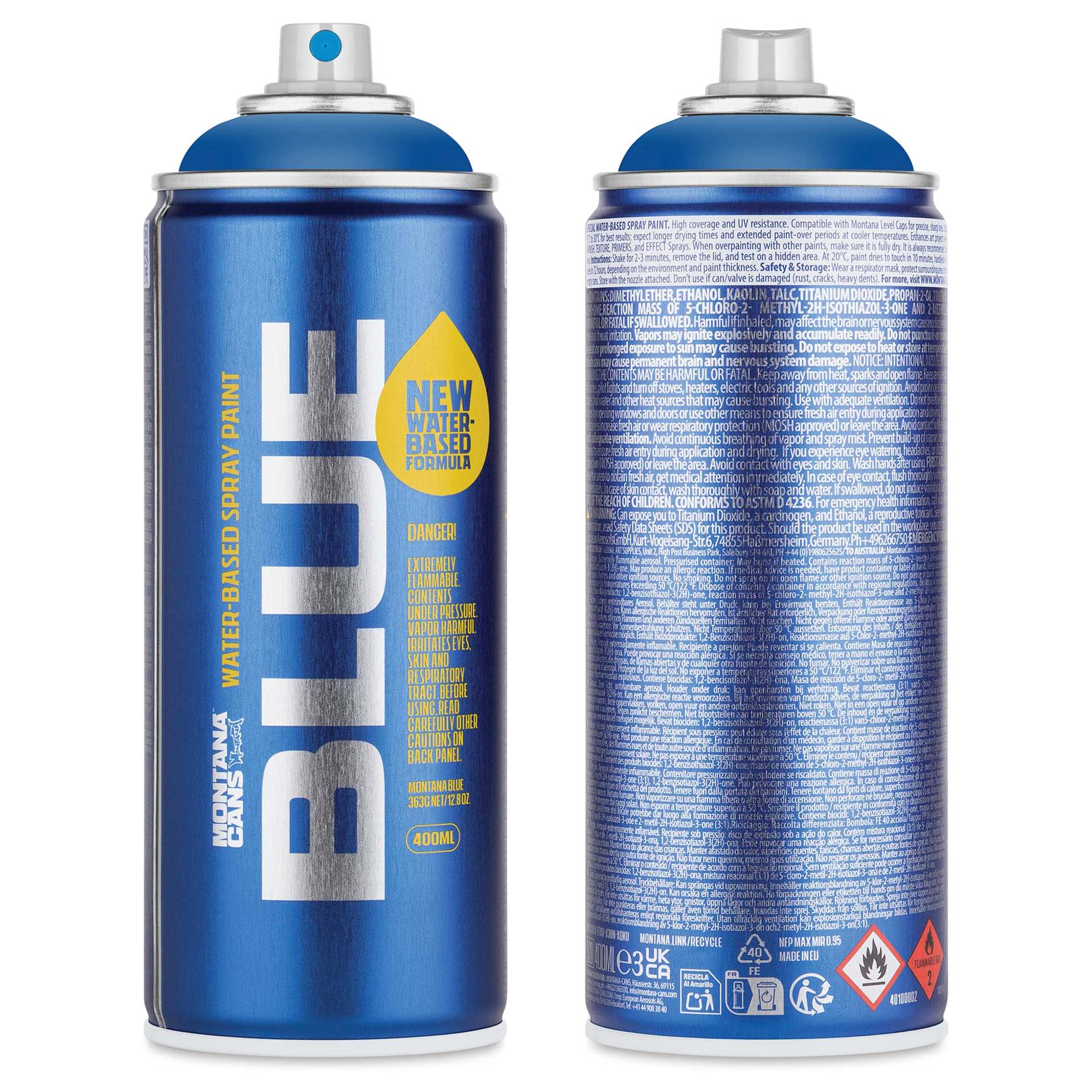 Montana Blue Water-Based Spray Paint - Shock Blue, 400 ml, front and back of can