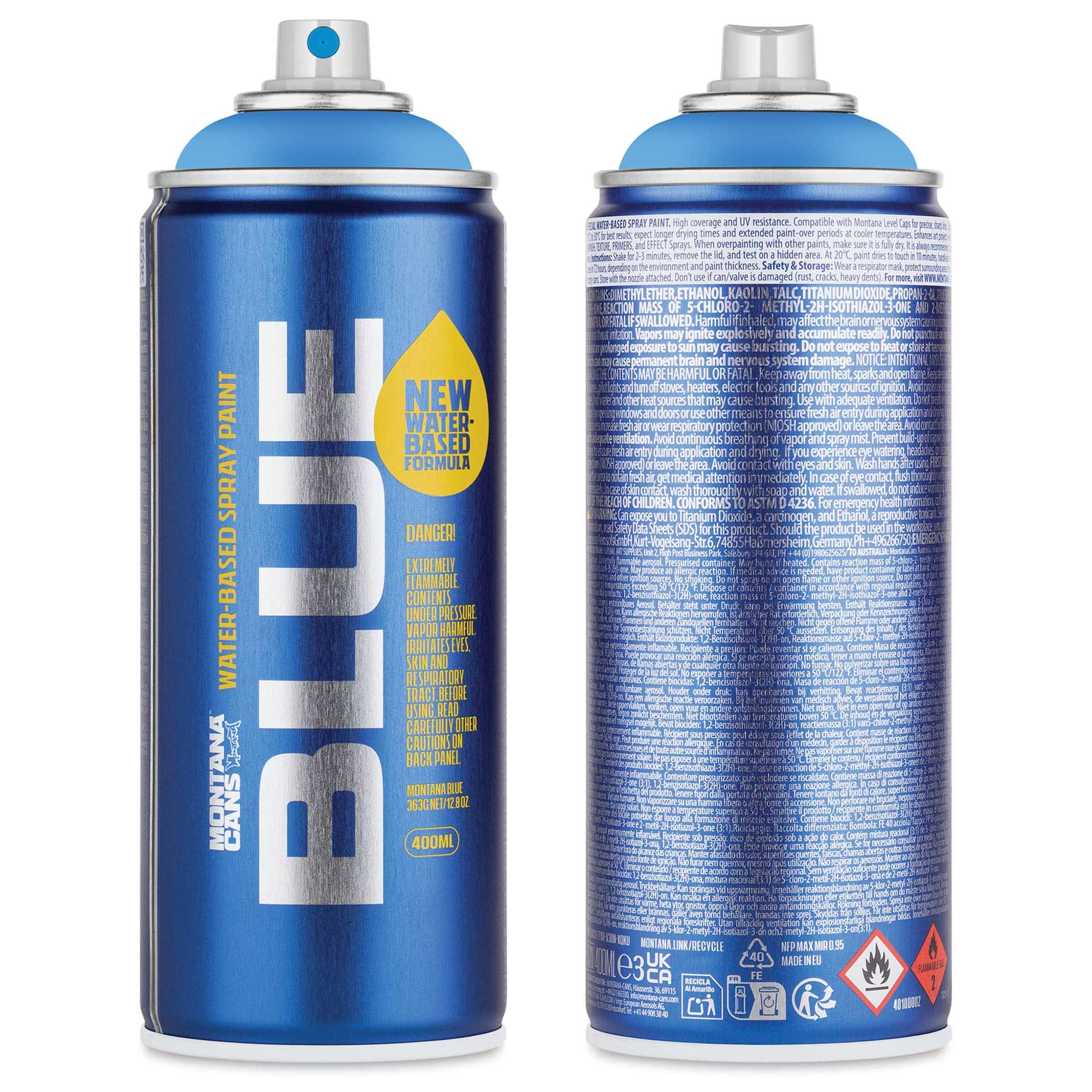 Montana Blue Water-Based Spray Paint - Blue Diamond, 400 ml, front and back of can