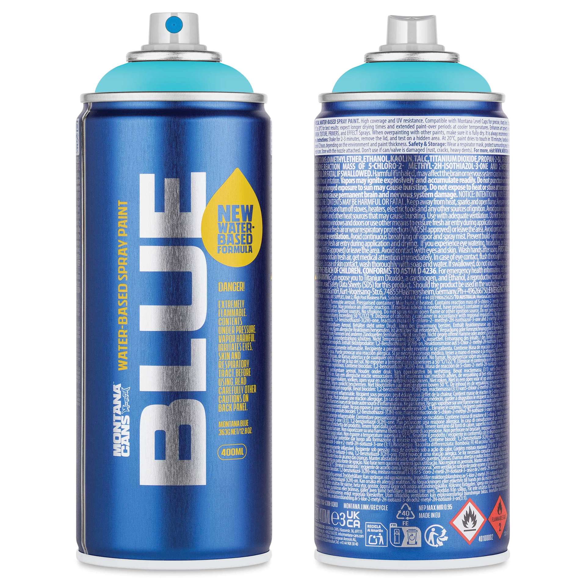 Montana Blue Water-Based Spray Paint - Sardinia, 400 ml, front and back of can