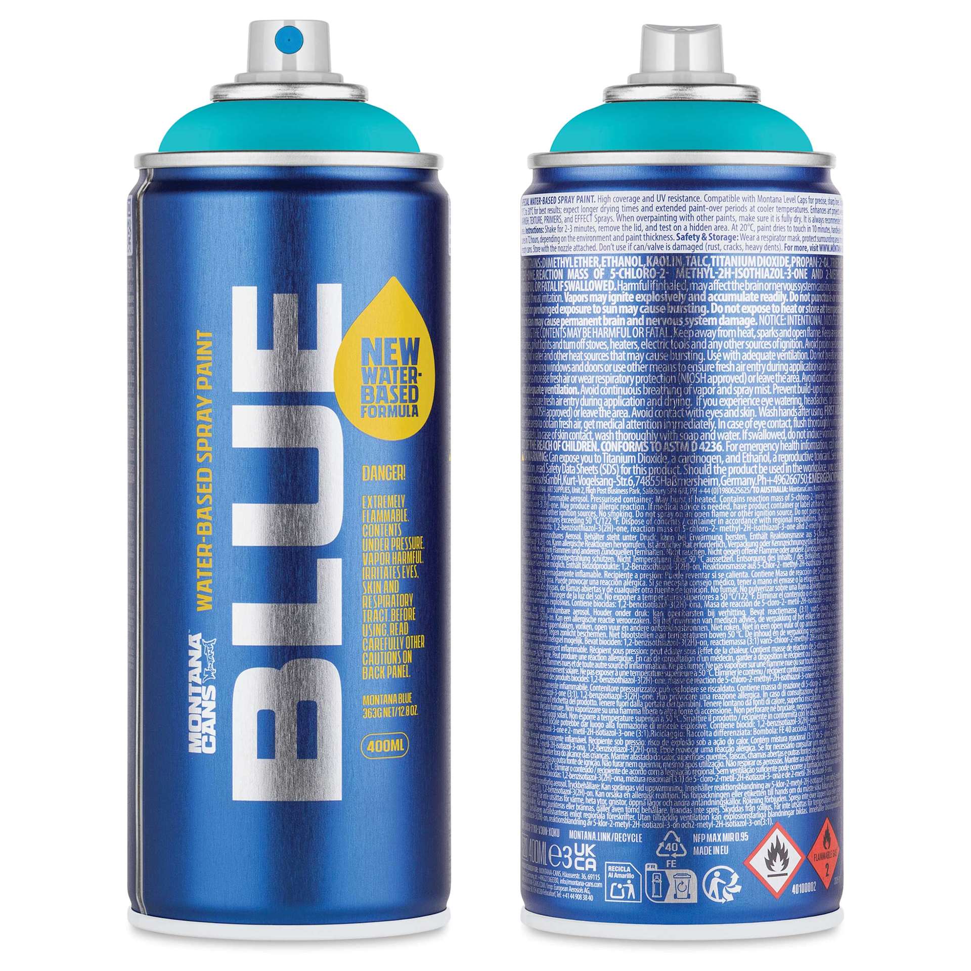 Montana Blue Water-Based Spray Paint - Surf, 400 ml, front and back of can