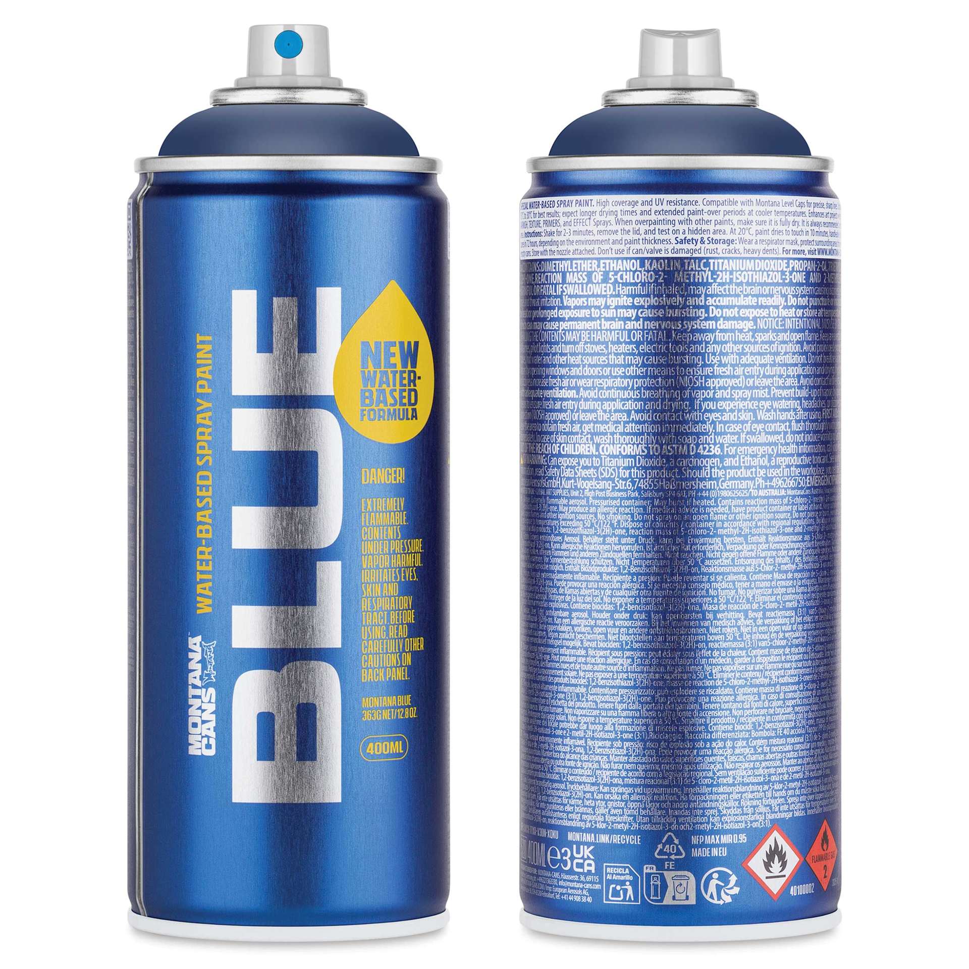 Montana Blue Water-Based Spray Paint - Space Jam, 400 ml, front and back of can