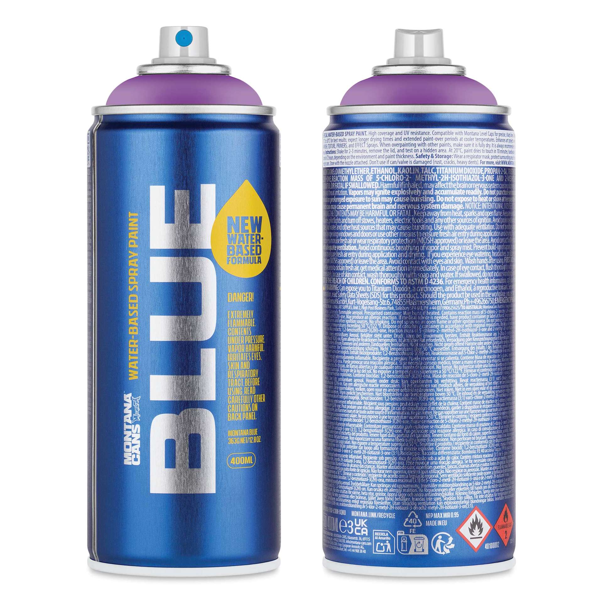 Montana Blue Water-Based Spray Paint - Viola, 400 ml, front and back of can