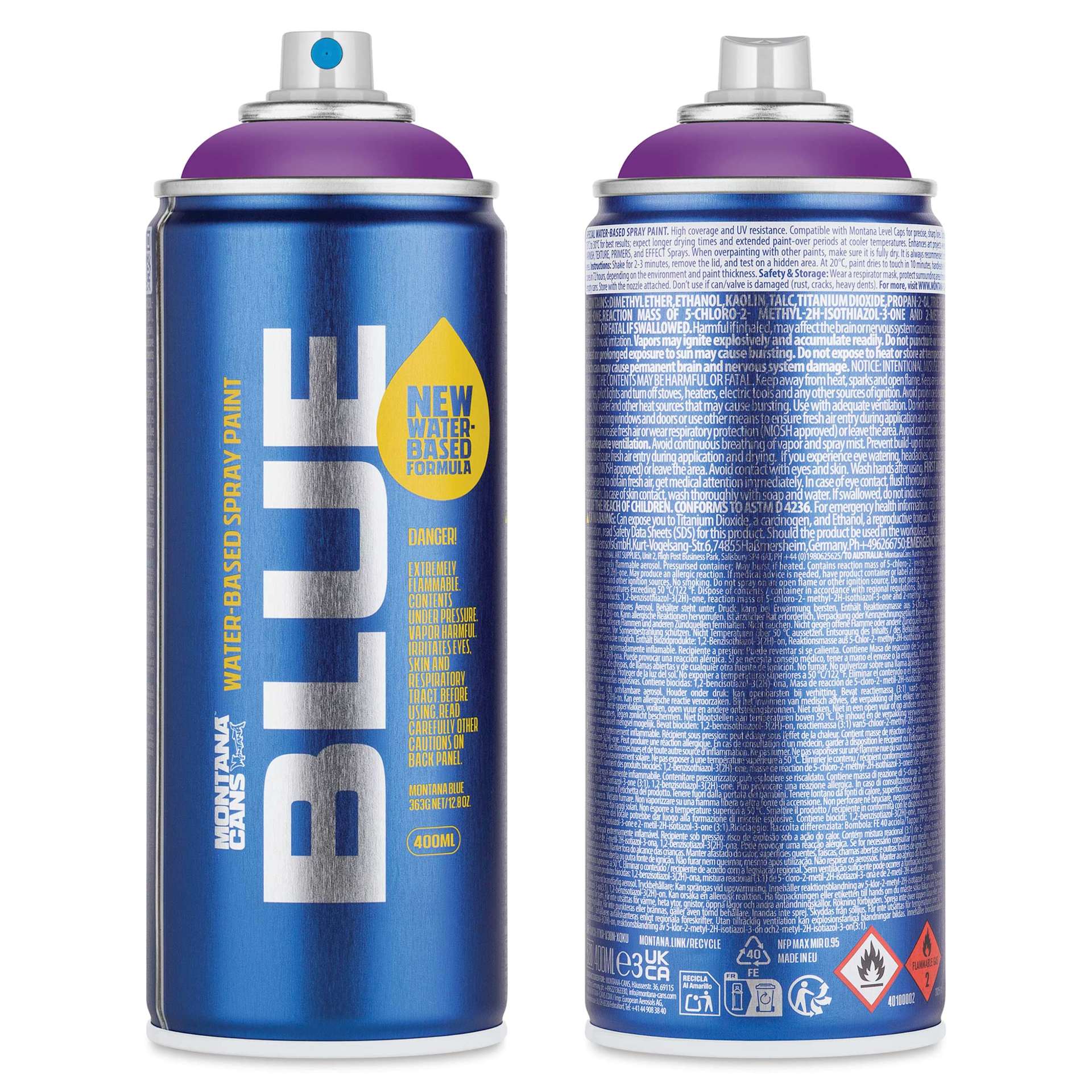 Montana Blue Water-Based Spray Paint - Valerie, 400 ml, front and back of can