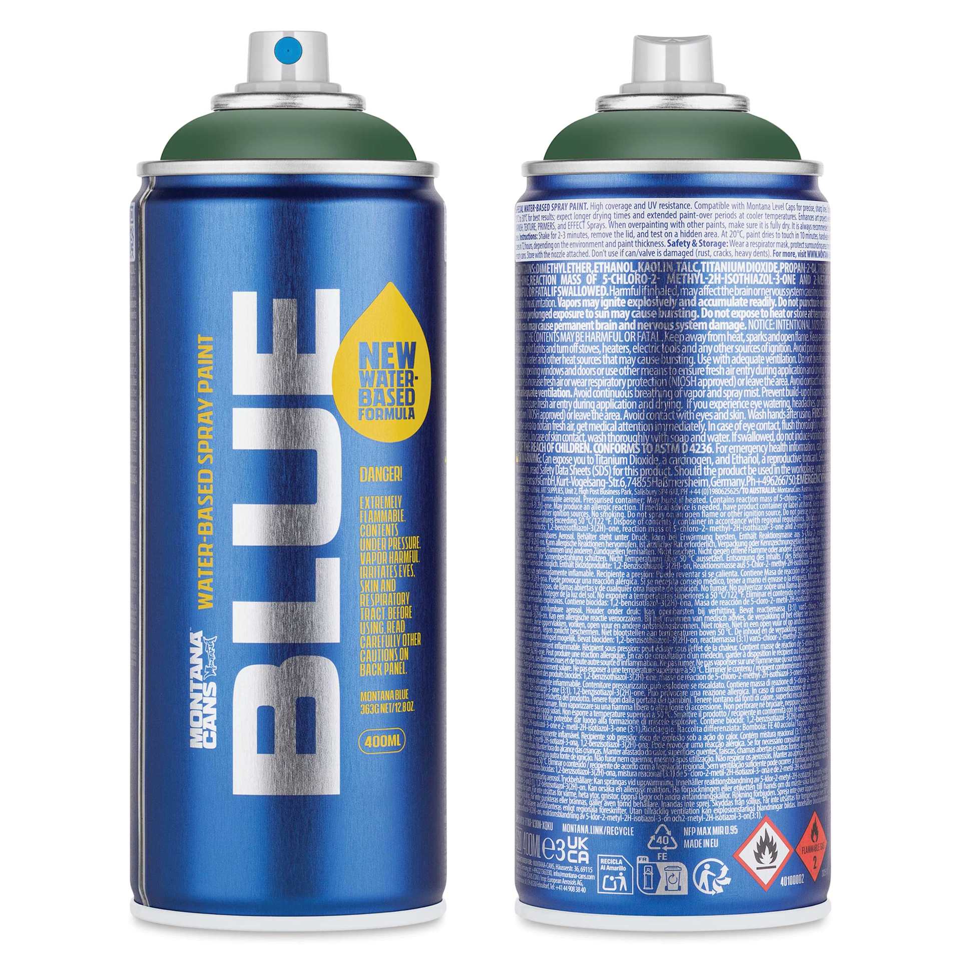 Montana Blue Water-Based Spray Paint - Woodland, 400 ml, front and back of can