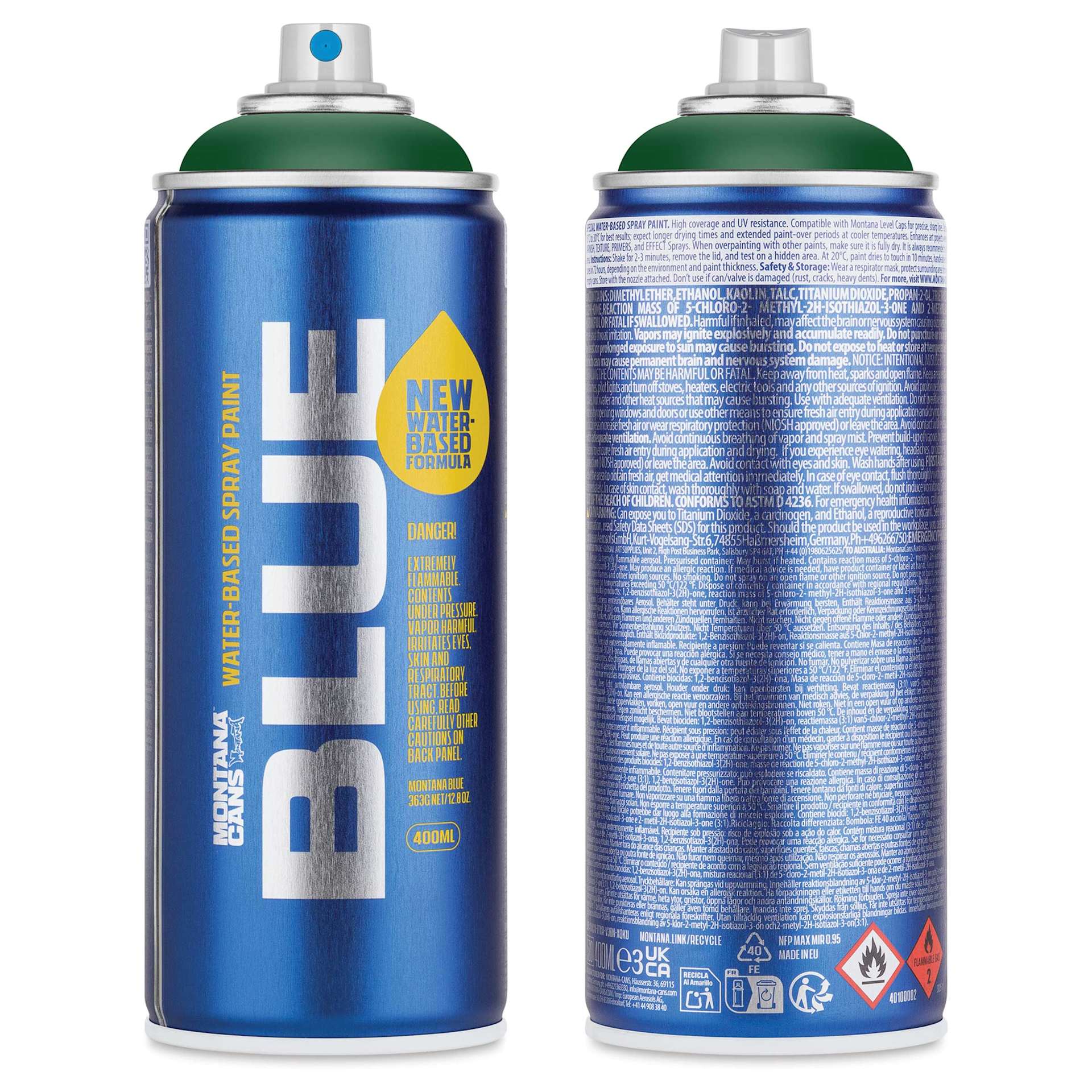 Montana Blue Water-Based Spray Paint - Smaragd Green, 400 ml, front and back of can