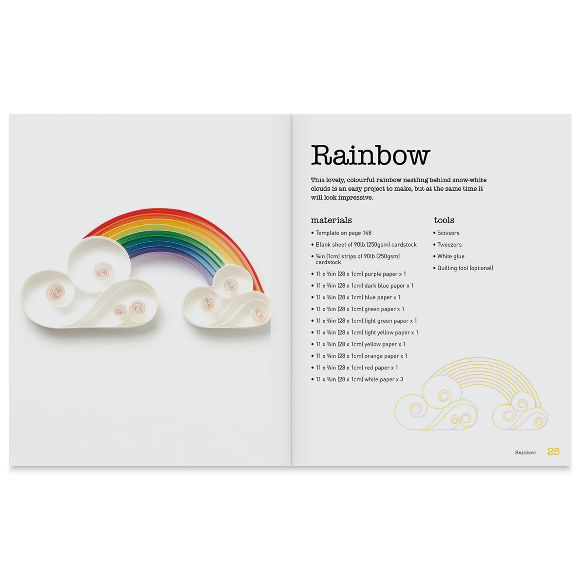 Quilling 20 Beautiful Designs - Inside pages showing finished Rainbow project and materials needed