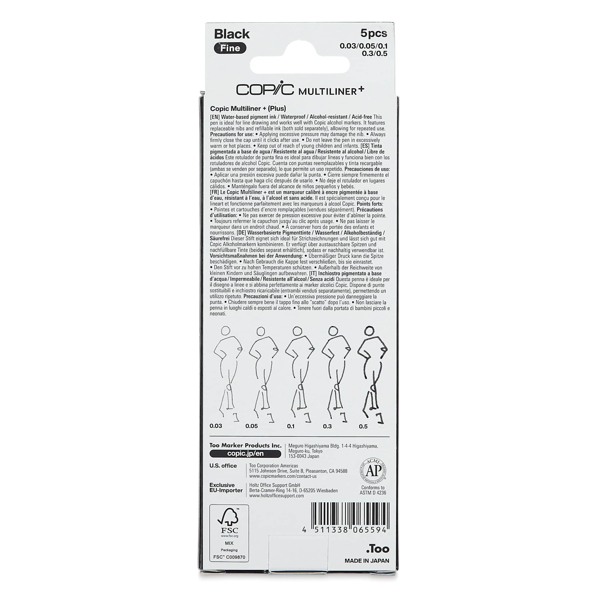Copic Multiliner Plus Pens - Set of 5, Black, Assorted Fine Tip, back of packaging