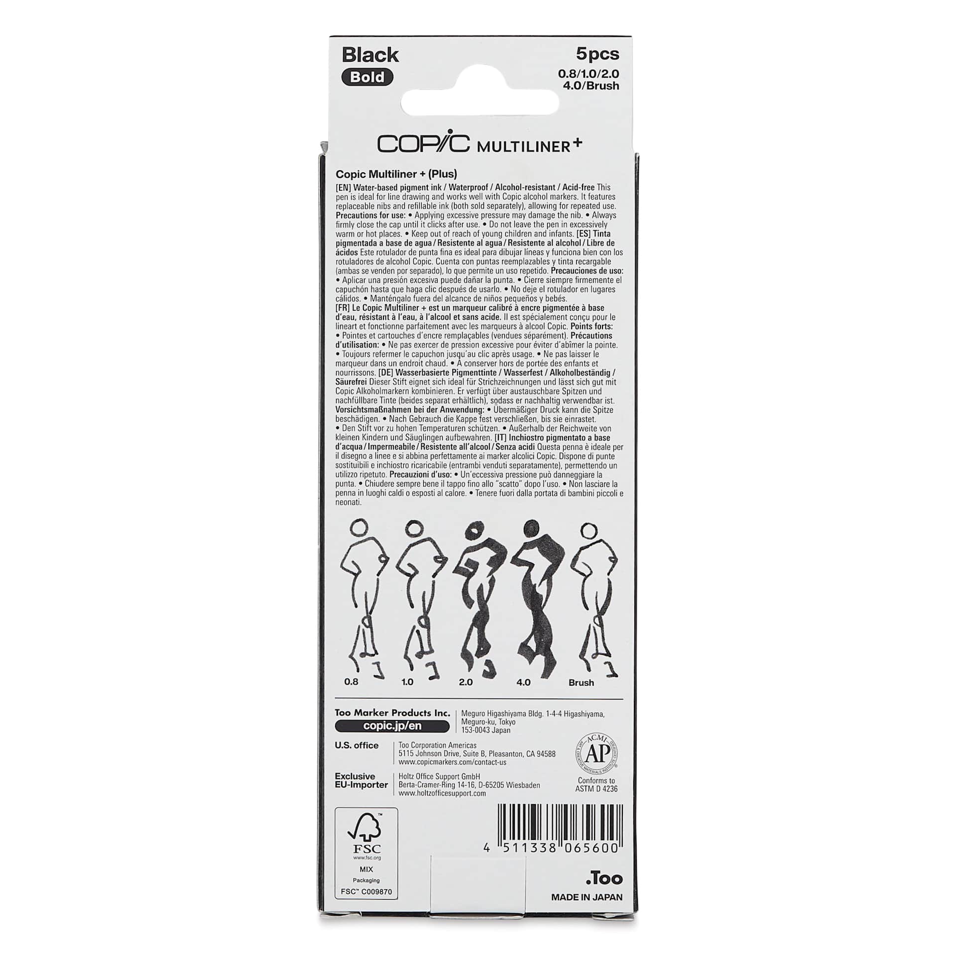 Copic Multiliner Plus Pens - Set of 5, Black, Assorted Bold Tip, back of packaging