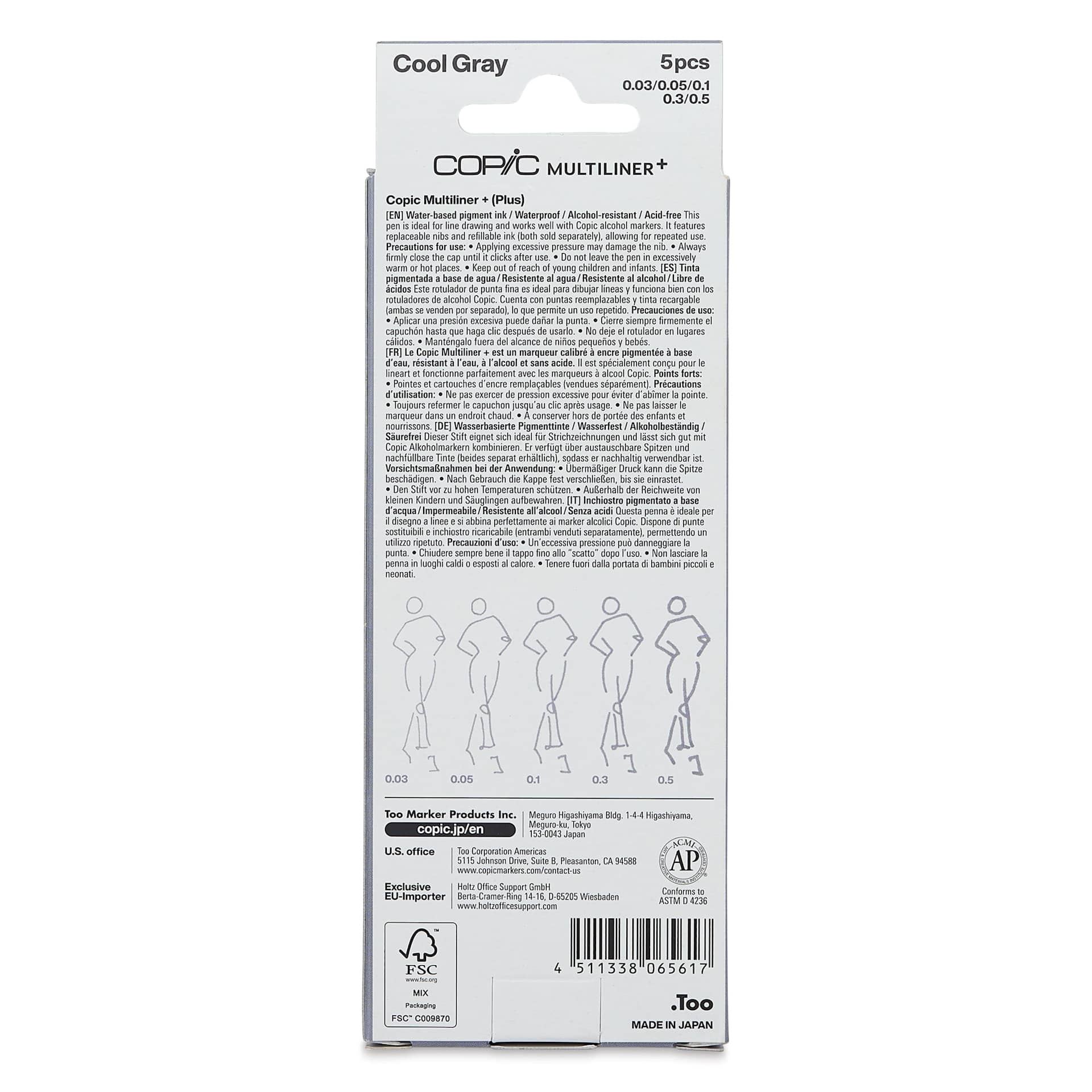 Copic Multiliner Plus Pens - Set of 5, Cool Gray, Assorted Fine Tip, back of packaging